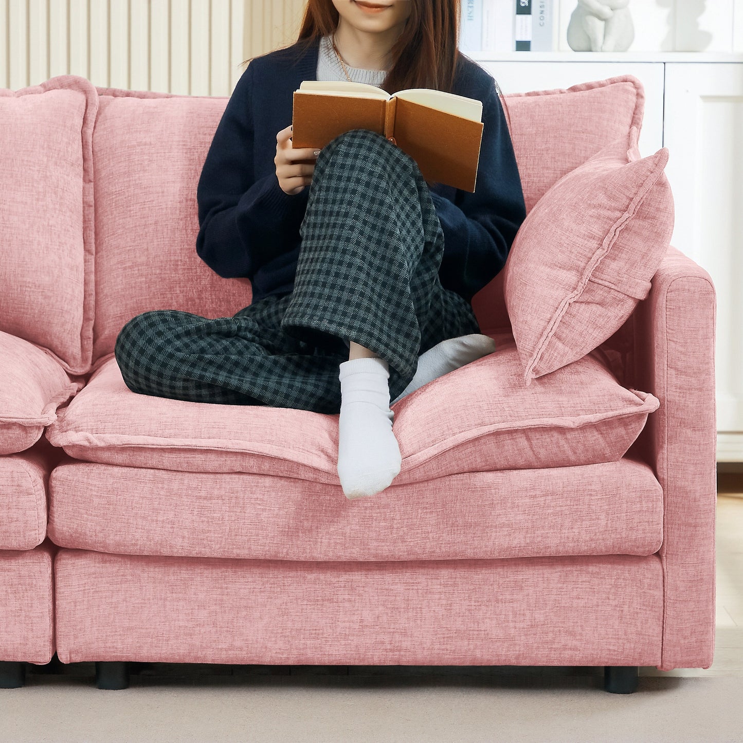 Modern Chenille 3-Seater Modular L-Shaped Sectional Sofa with Removable Ottoman for Living Room