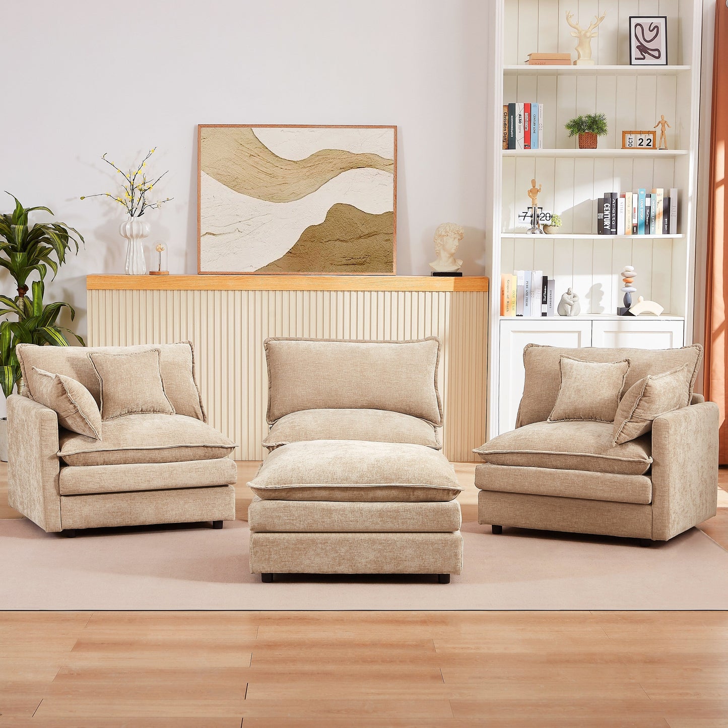 Modern Chenille 3-Seater Modular L-Shaped Sectional Sofa with Removable Ottoman for Living Room