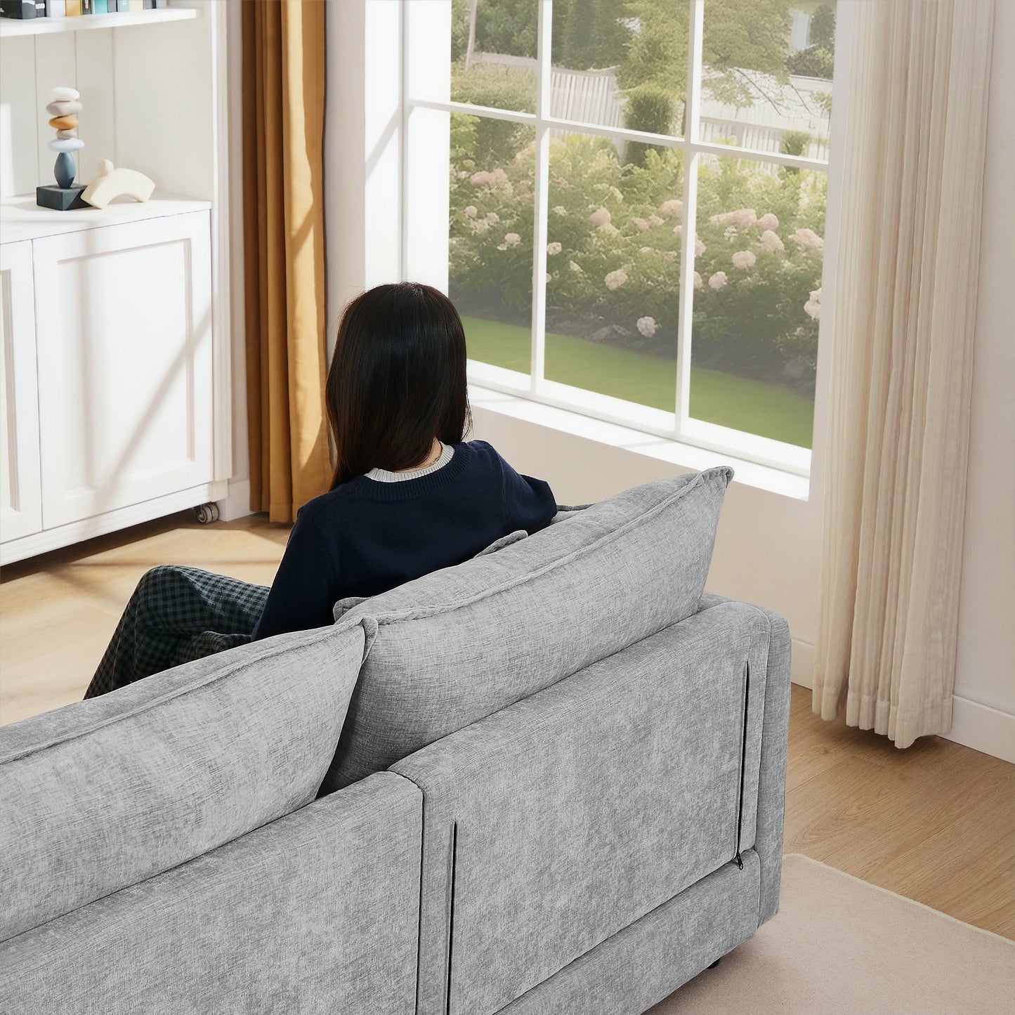 Modern Chenille 3-Seater Modular L-Shaped Sectional Sofa with Removable Ottoman for Living Room