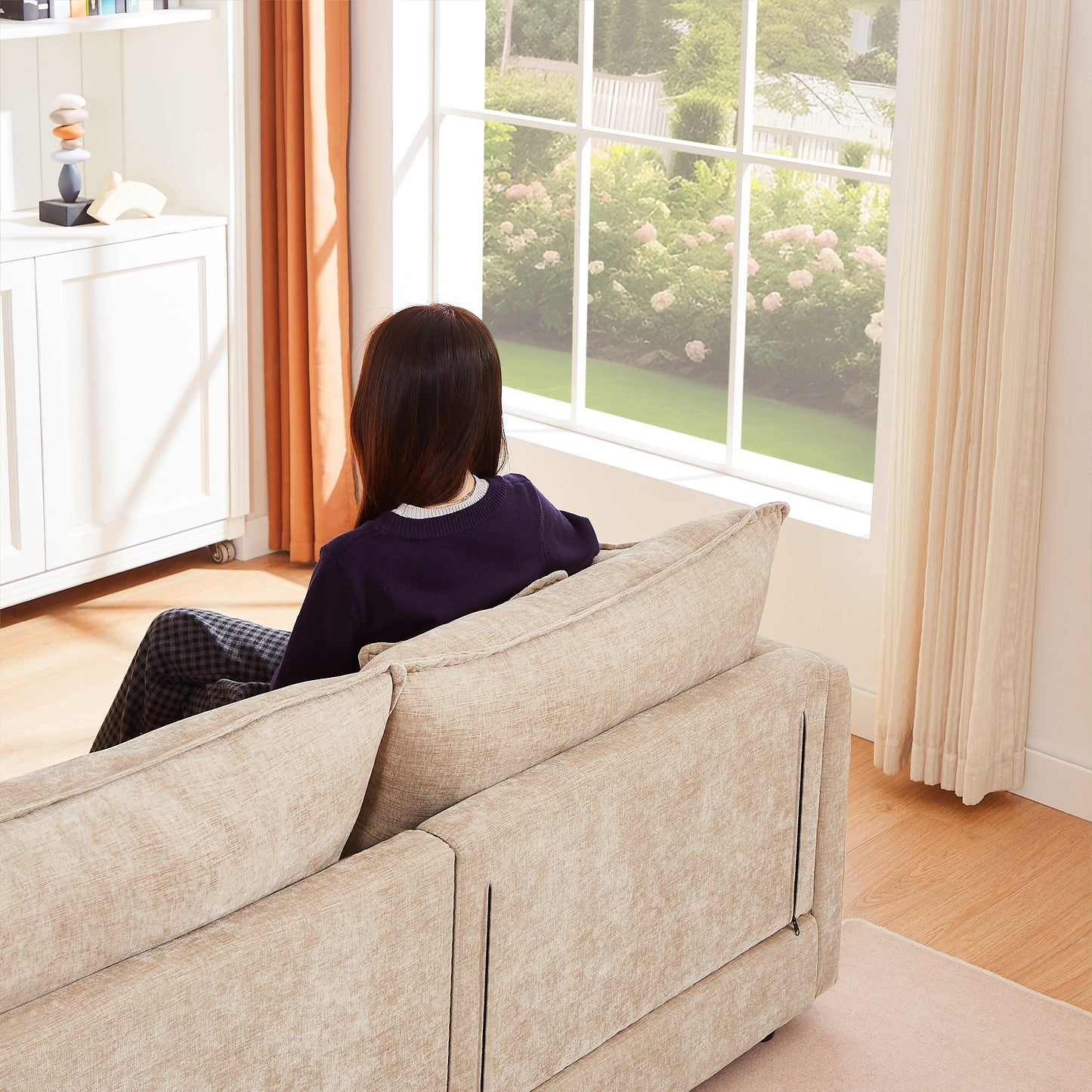 Modern Chenille 3-Seater Modular L-Shaped Sectional Sofa with Removable Ottoman for Living Room