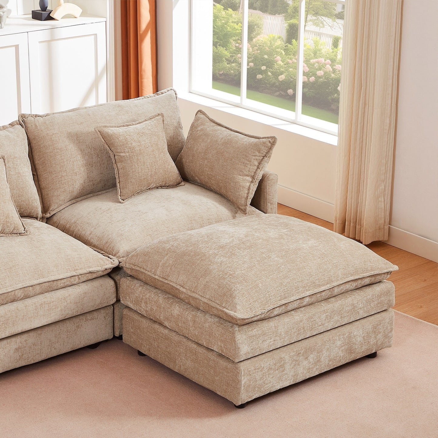 Modern Chenille 3-Seater Modular L-Shaped Sectional Sofa with Removable Ottoman for Living Room