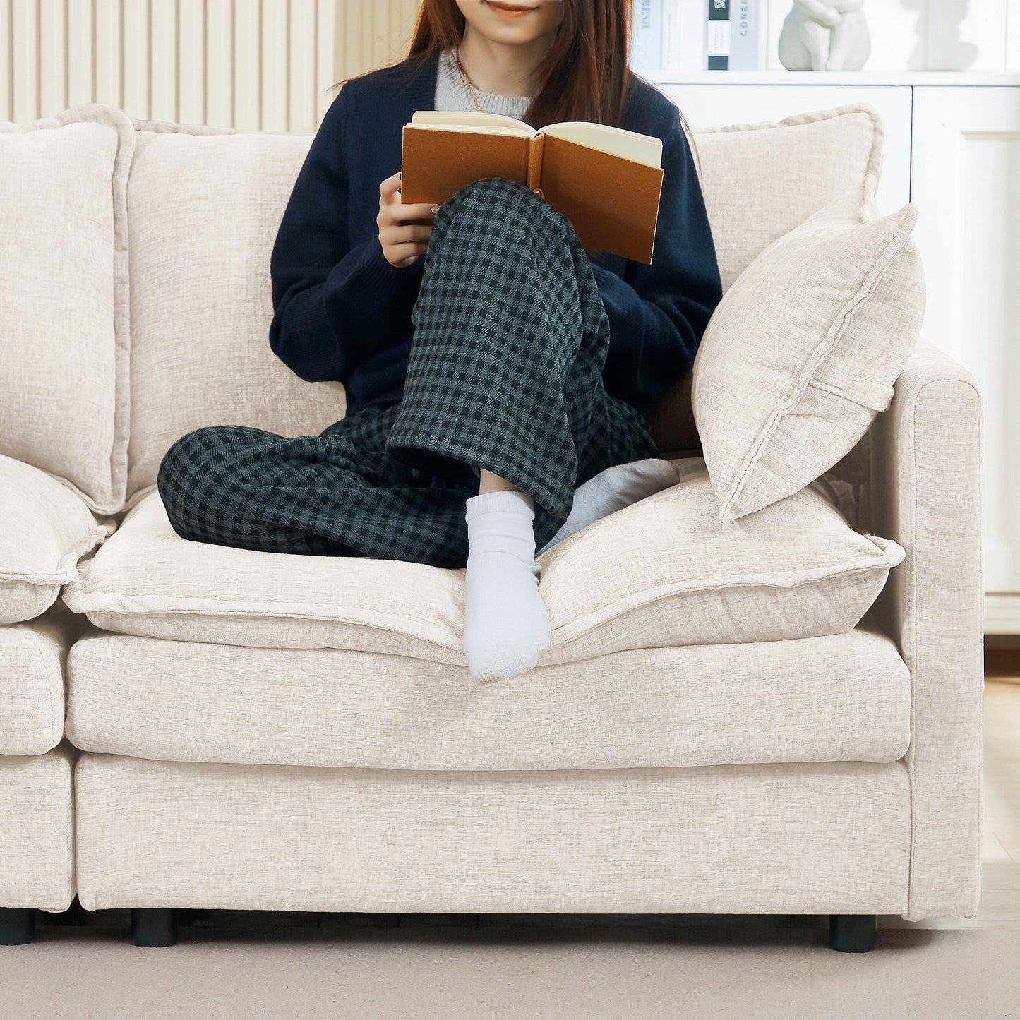 Modern Chenille 3-Seater Modular L-Shaped Sectional Sofa with Removable Ottoman for Living Room