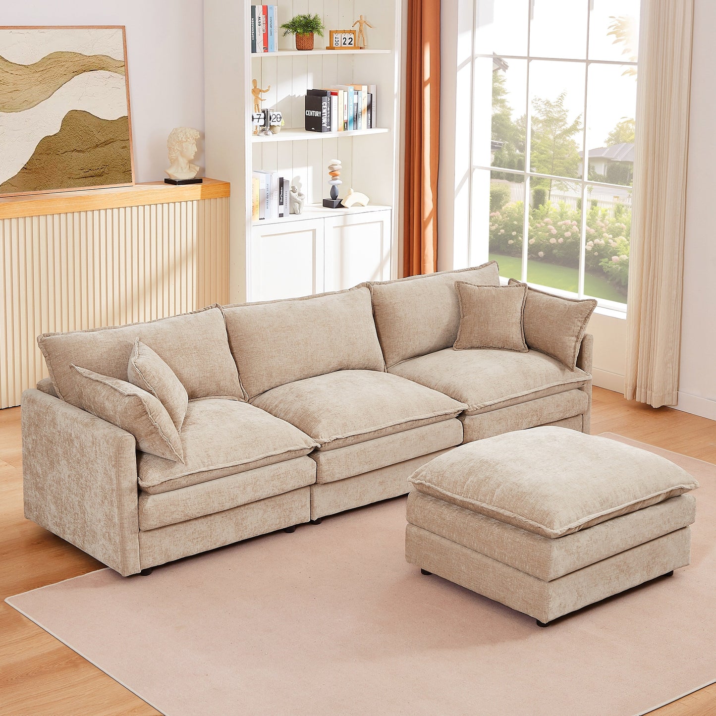 Modern Chenille 3-Seater Modular L-Shaped Sectional Sofa with Removable Ottoman for Living Room