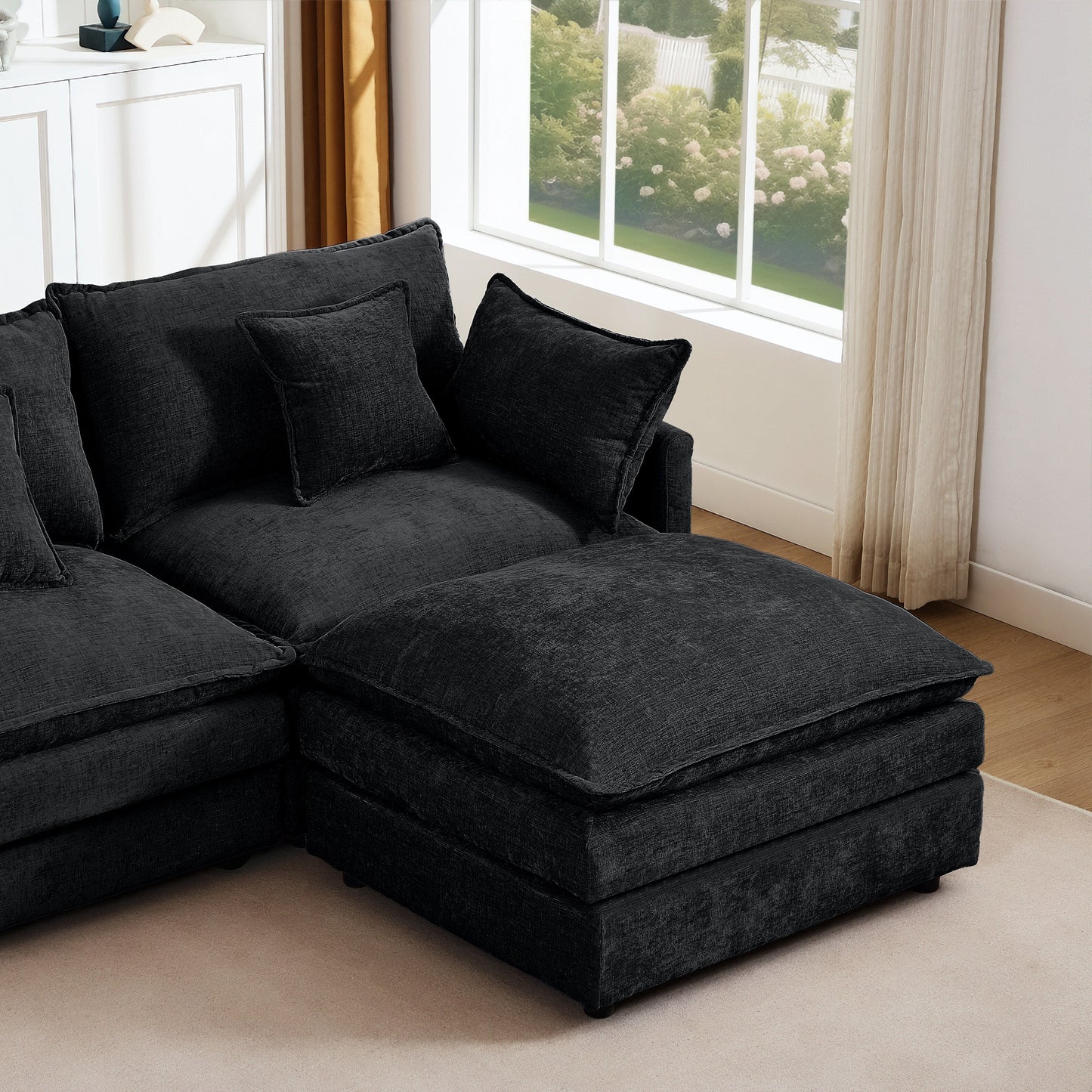 Modern Chenille 3-Seater Modular L-Shaped Sectional Sofa with Removable Ottoman for Living Room