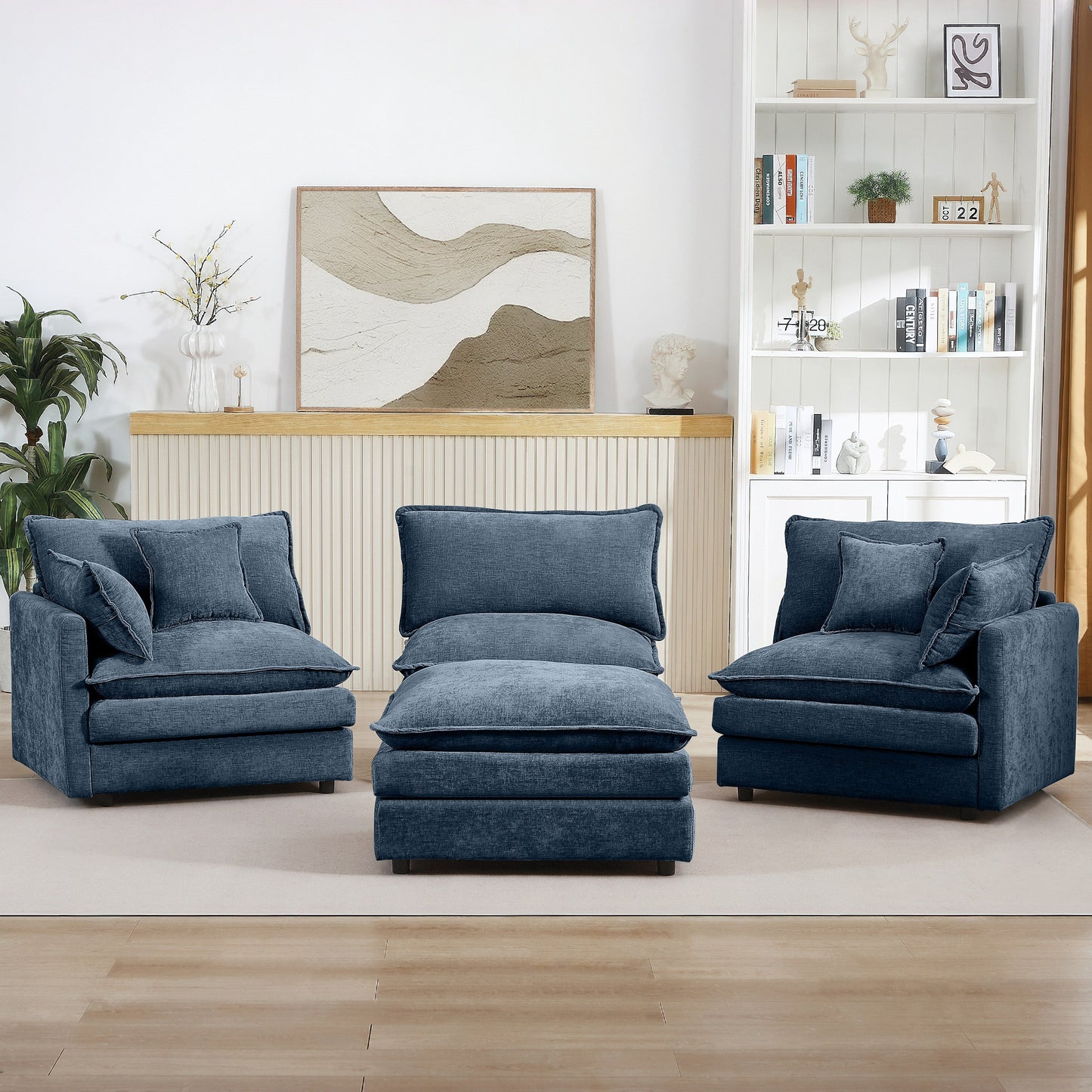 Modern Chenille 3-Seater Modular L-Shaped Sectional Sofa with Removable Ottoman for Living Room