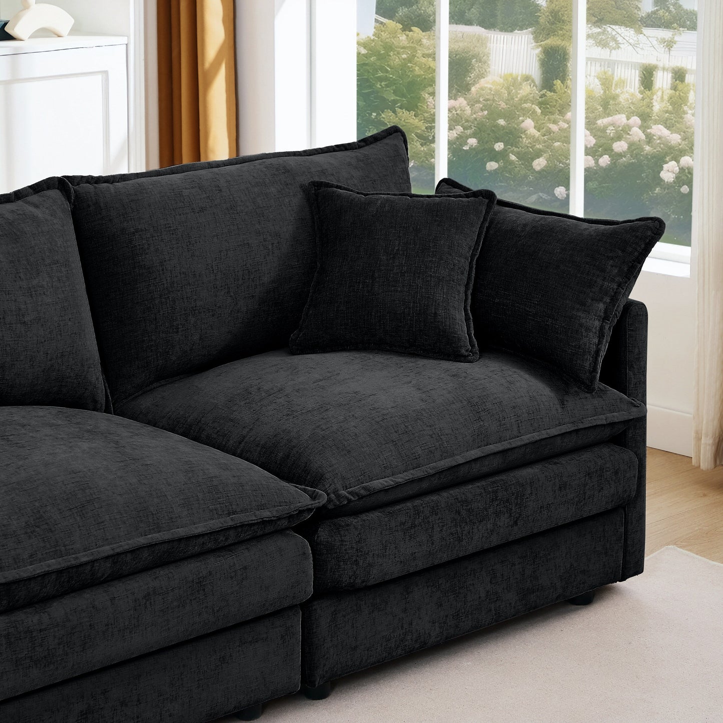 Modern Chenille 3-Seater Modular L-Shaped Sectional Sofa with Removable Ottoman for Living Room