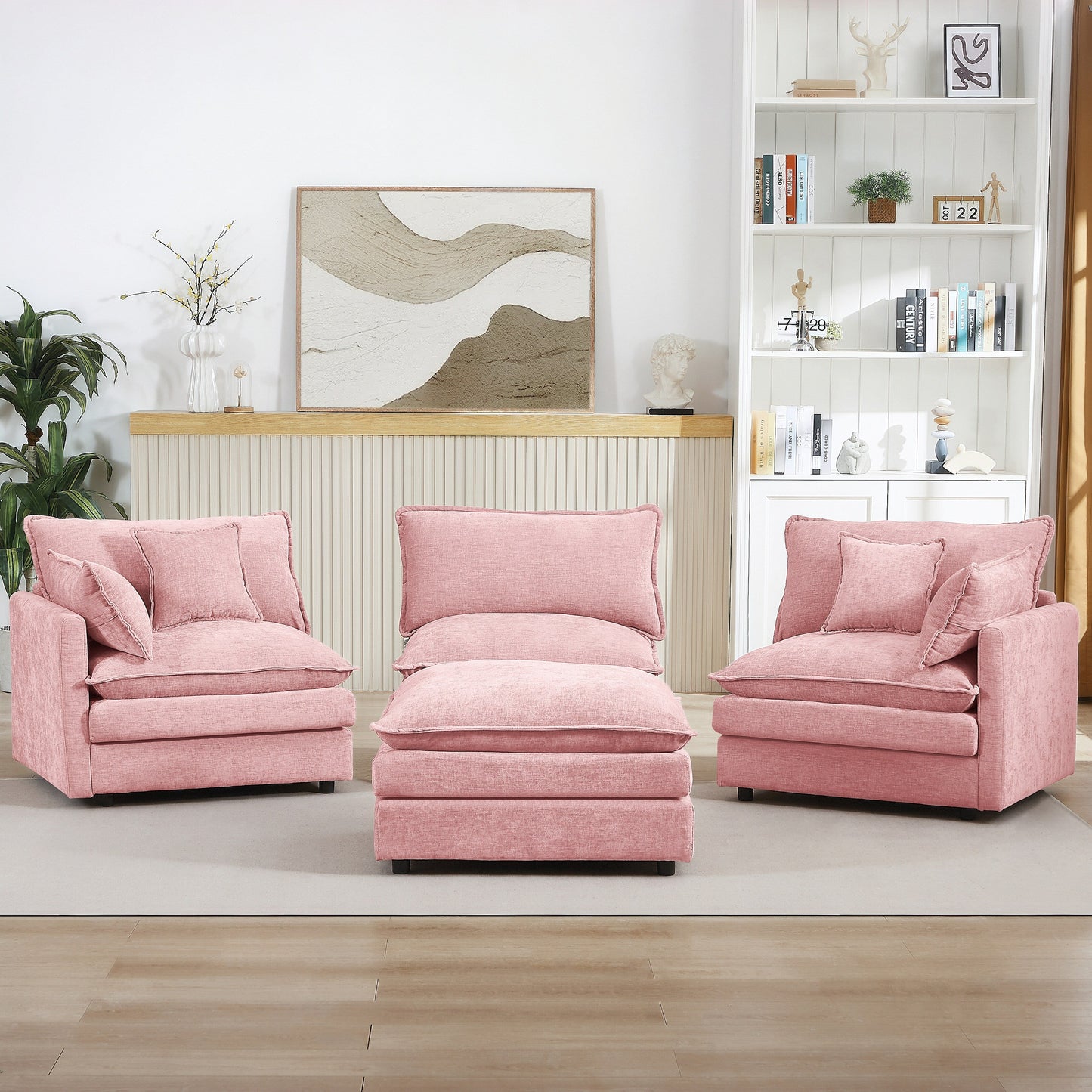 Modern Chenille 3-Seater Modular L-Shaped Sectional Sofa with Removable Ottoman for Living Room