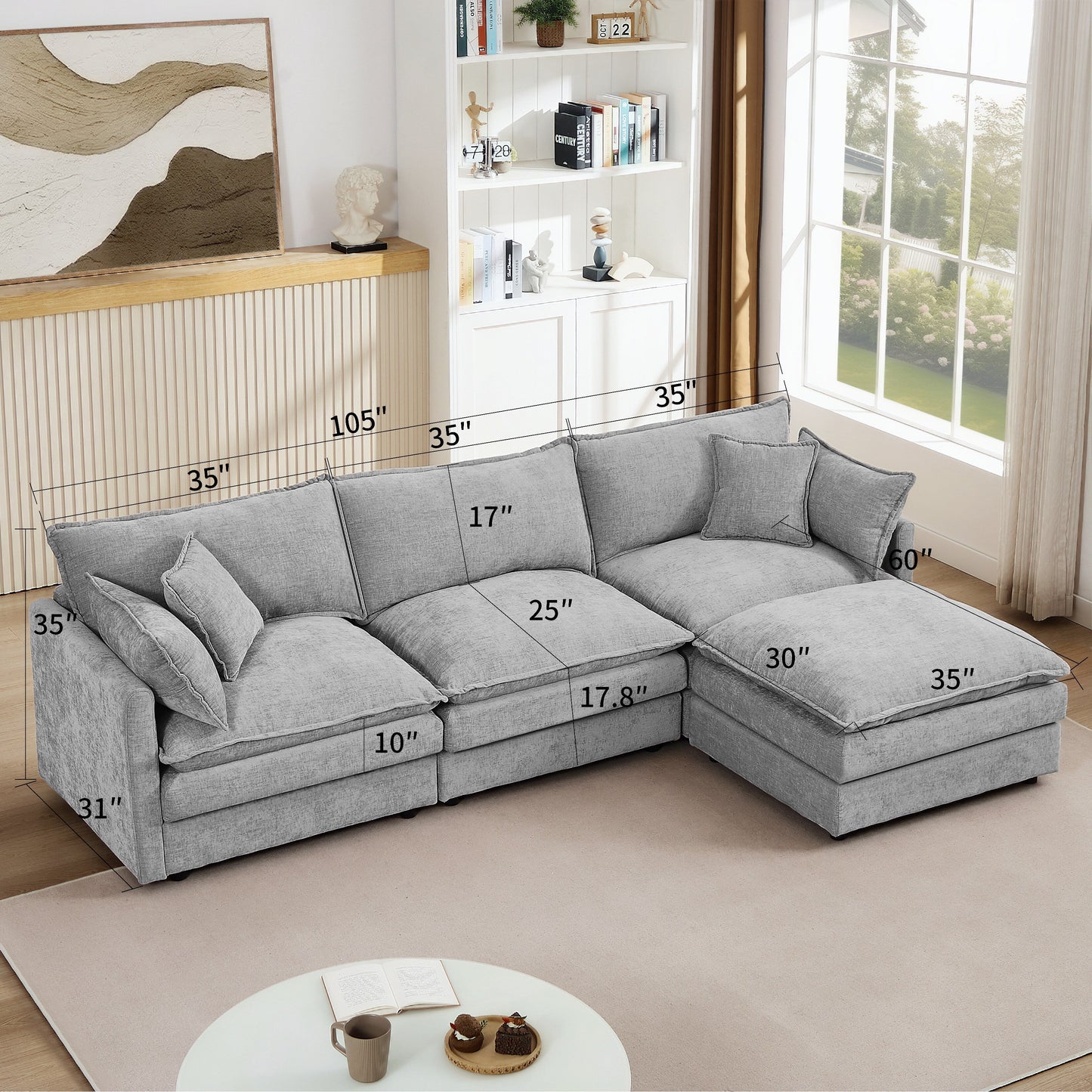 Modern Chenille 3-Seater Modular L-Shaped Sectional Sofa with Removable Ottoman for Living Room