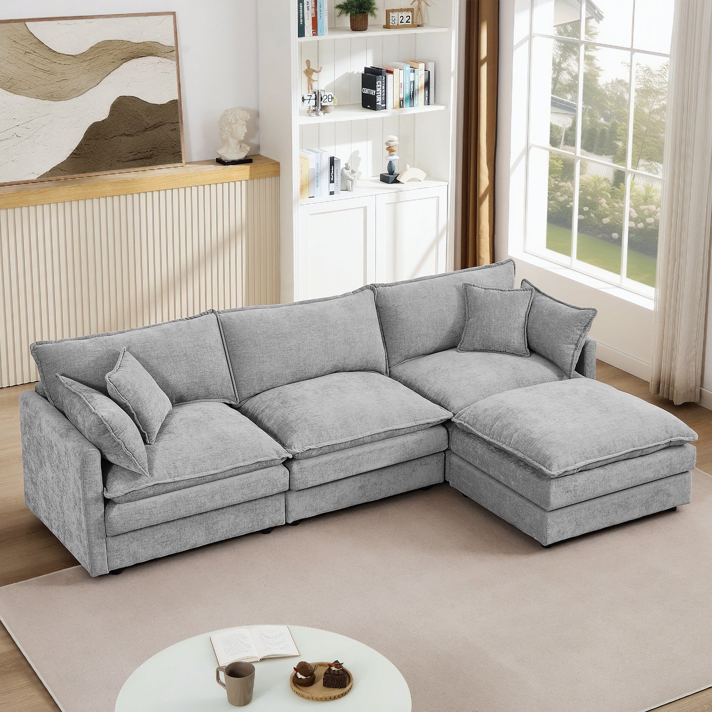 Modern Chenille 3-Seater Modular L-Shaped Sectional Sofa with Removable Ottoman for Living Room