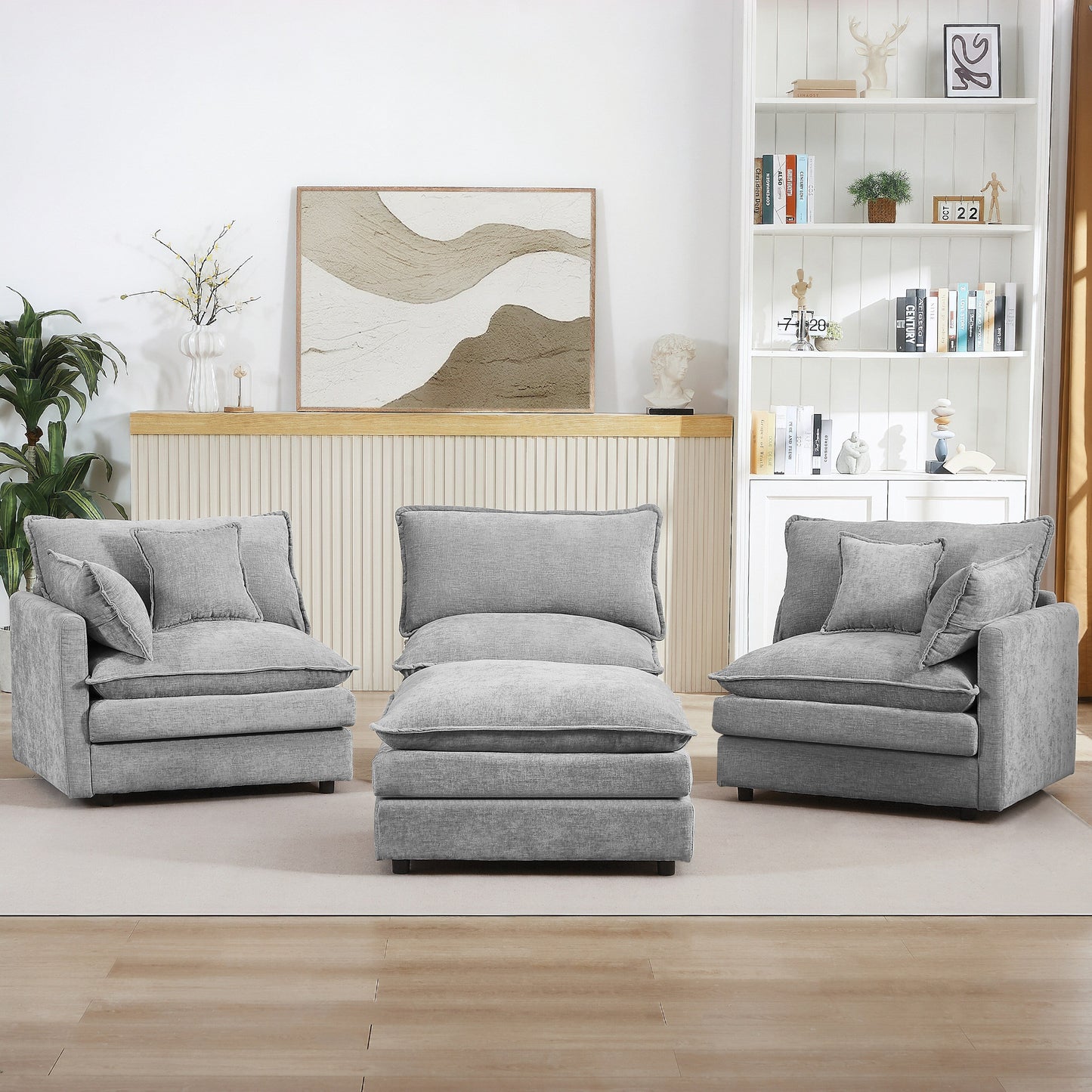 Modern Chenille 3-Seater Modular L-Shaped Sectional Sofa with Removable Ottoman for Living Room