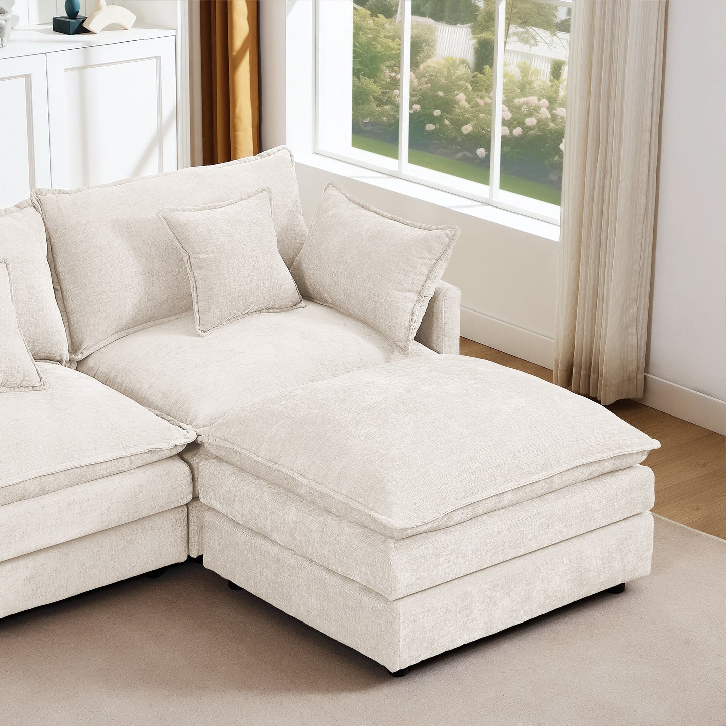 Modern Chenille 3-Seater Modular L-Shaped Sectional Sofa with Removable Ottoman for Living Room