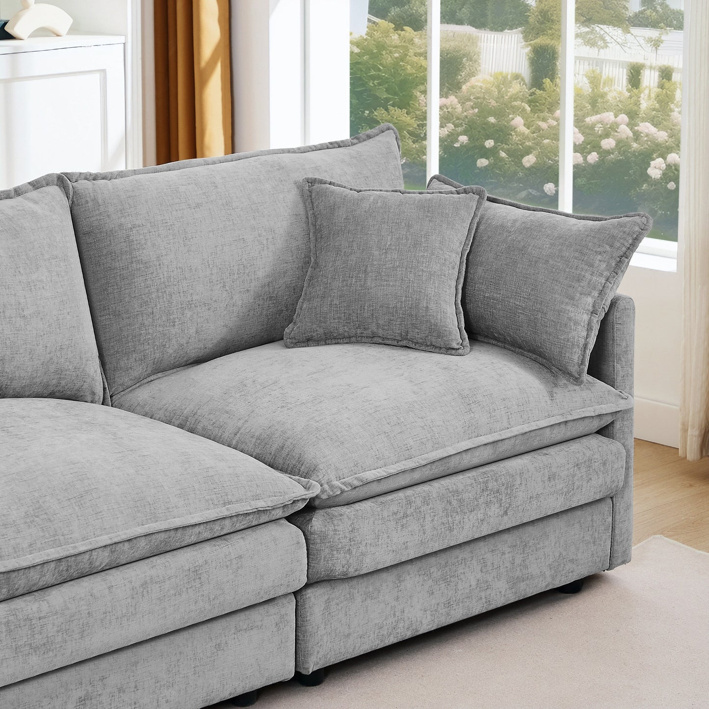 Modern Chenille 3-Seater Modular L-Shaped Sectional Sofa with Removable Ottoman for Living Room