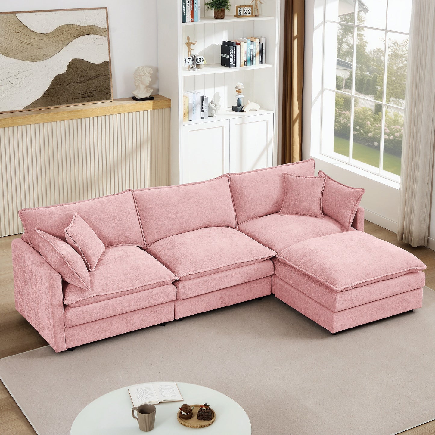 Modern Chenille 3-Seater Modular L-Shaped Sectional Sofa with Removable Ottoman for Living Room