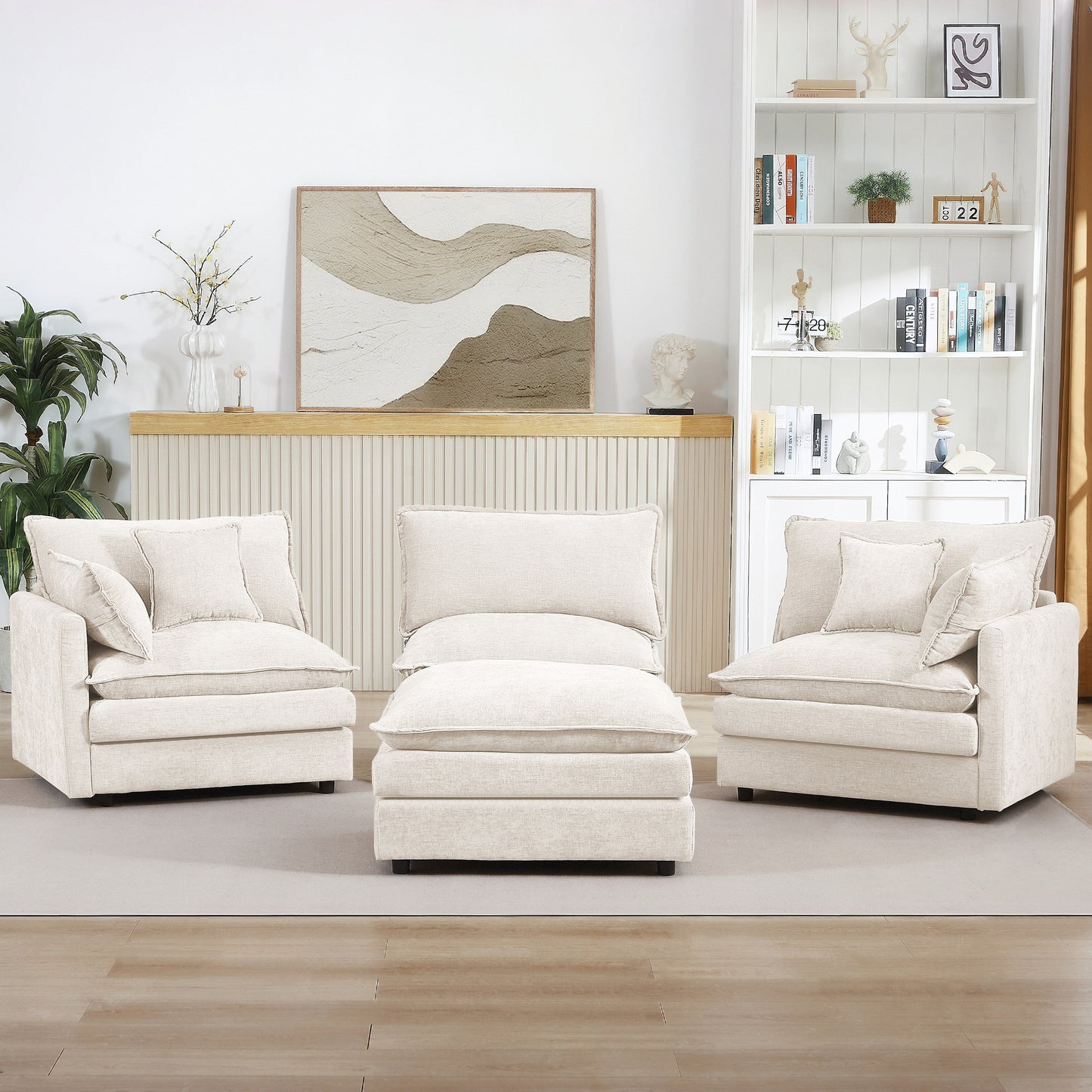 Modern Chenille 3-Seater Modular L-Shaped Sectional Sofa with Removable Ottoman for Living Room