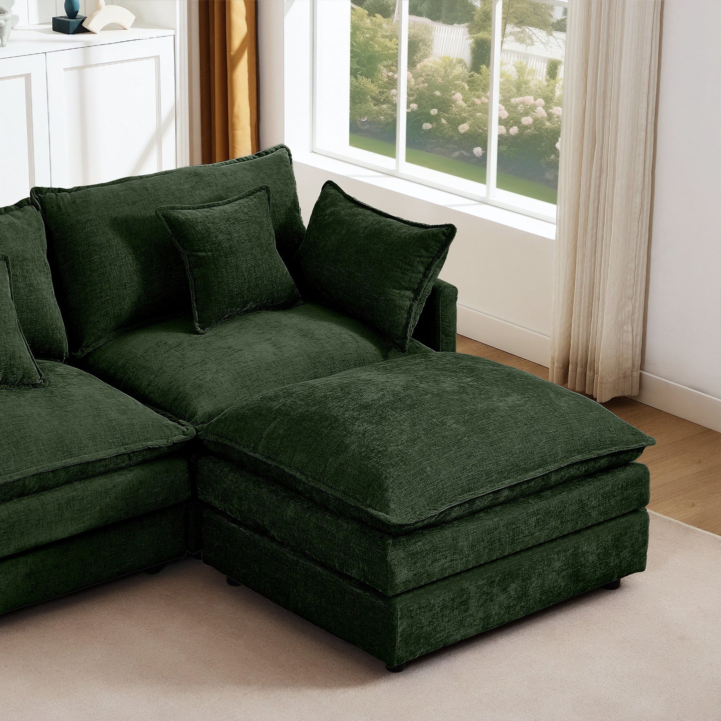Modern Chenille 3-Seater Modular L-Shaped Sectional Sofa with Removable Ottoman for Living Room
