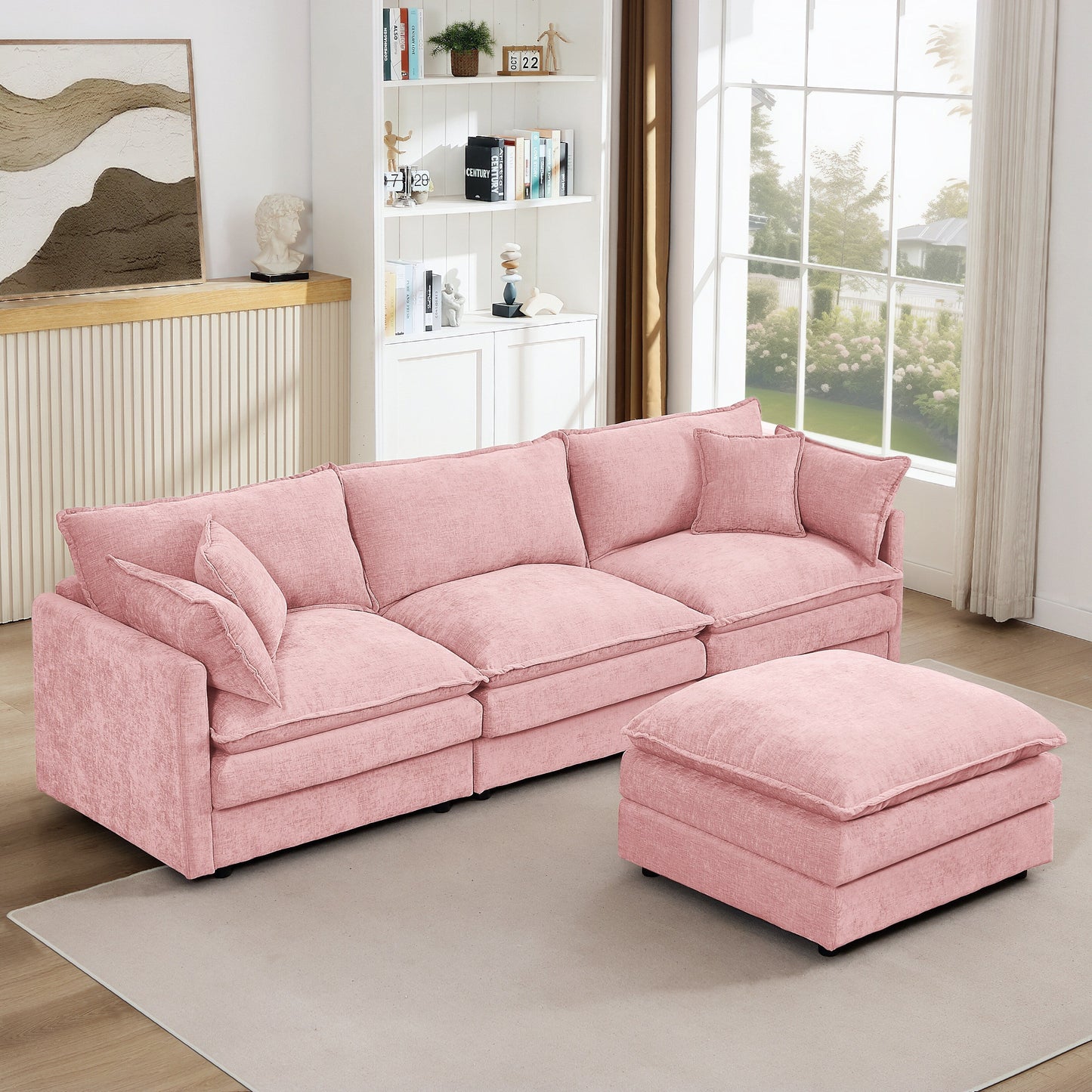 Modern Chenille 3-Seater Modular L-Shaped Sectional Sofa with Removable Ottoman for Living Room