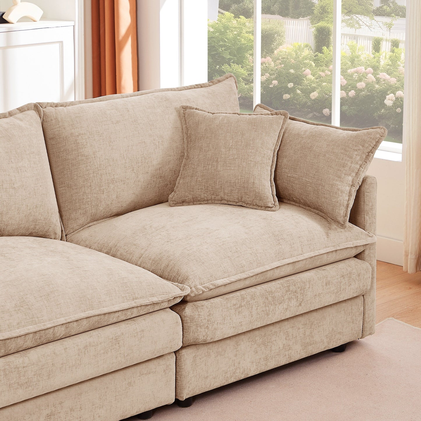 Modern Chenille 3-Seater Modular L-Shaped Sectional Sofa with Removable Ottoman for Living Room