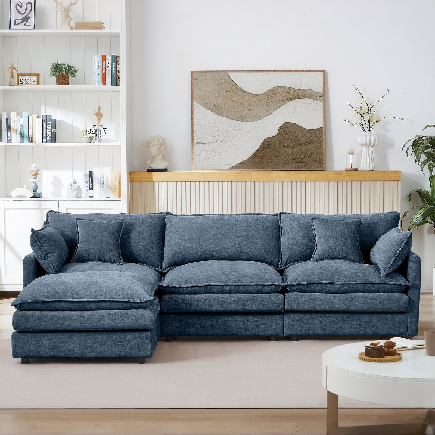 Modern Chenille 3-Seater Modular L-Shaped Sectional Sofa with Removable Ottoman for Living Room
