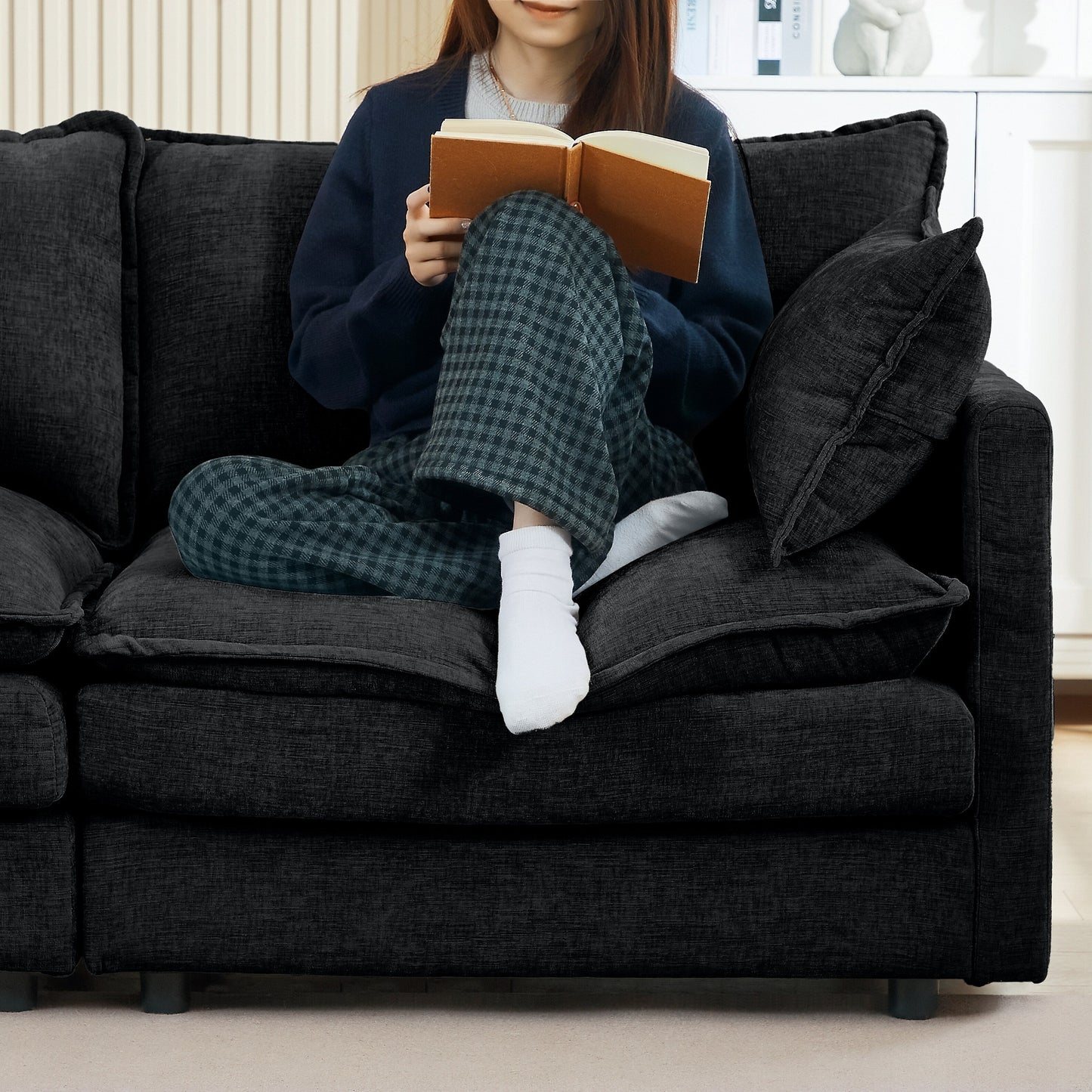 Modern Chenille 3-Seater Modular L-Shaped Sectional Sofa with Removable Ottoman for Living Room