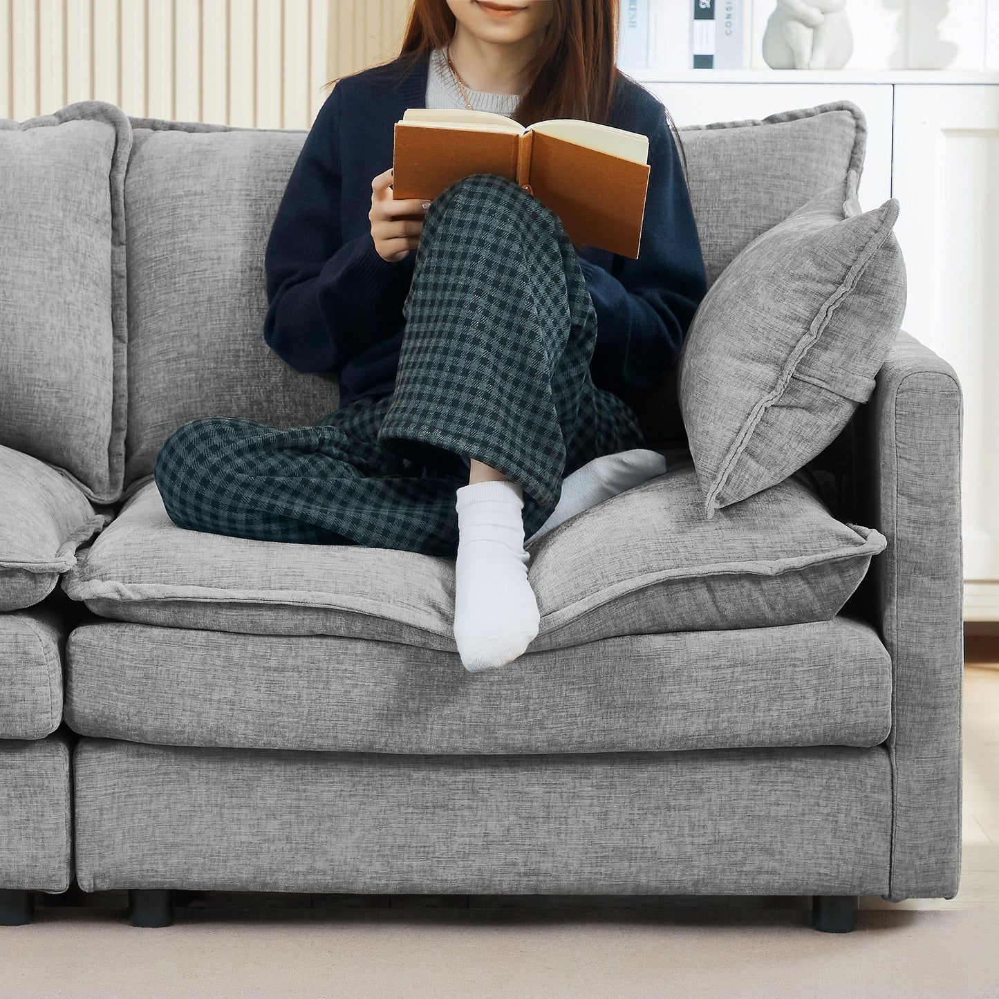 Modern Chenille 3-Seater Modular L-Shaped Sectional Sofa with Removable Ottoman for Living Room