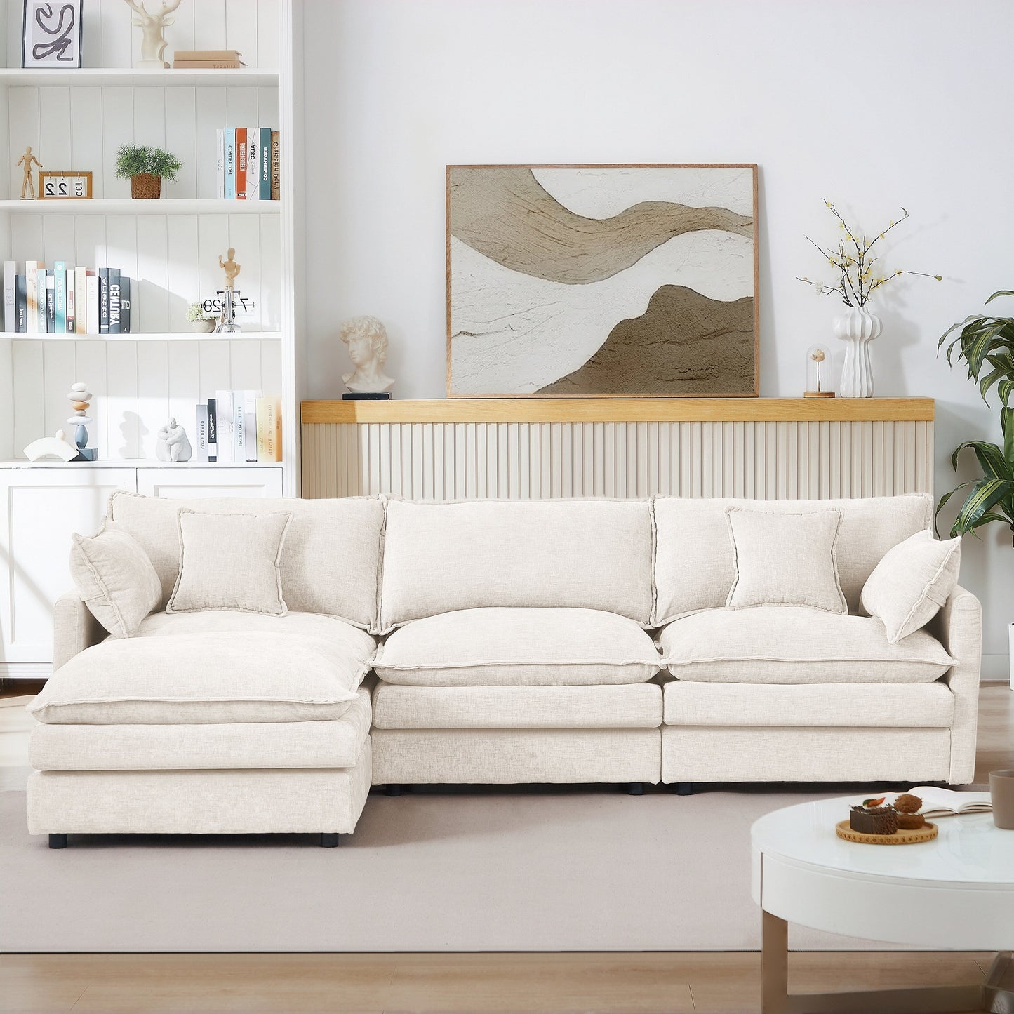 Modern Chenille 3-Seater Modular L-Shaped Sectional Sofa with Removable Ottoman for Living Room