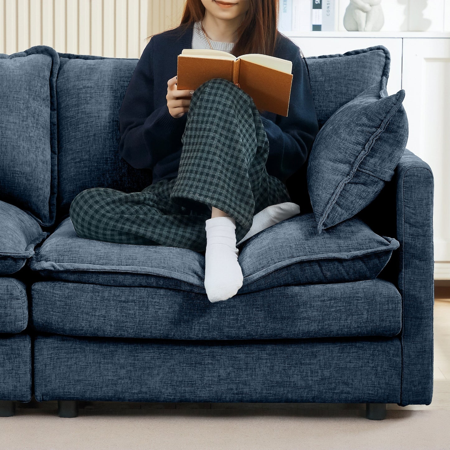Modern Chenille 3-Seater Modular L-Shaped Sectional Sofa with Removable Ottoman for Living Room