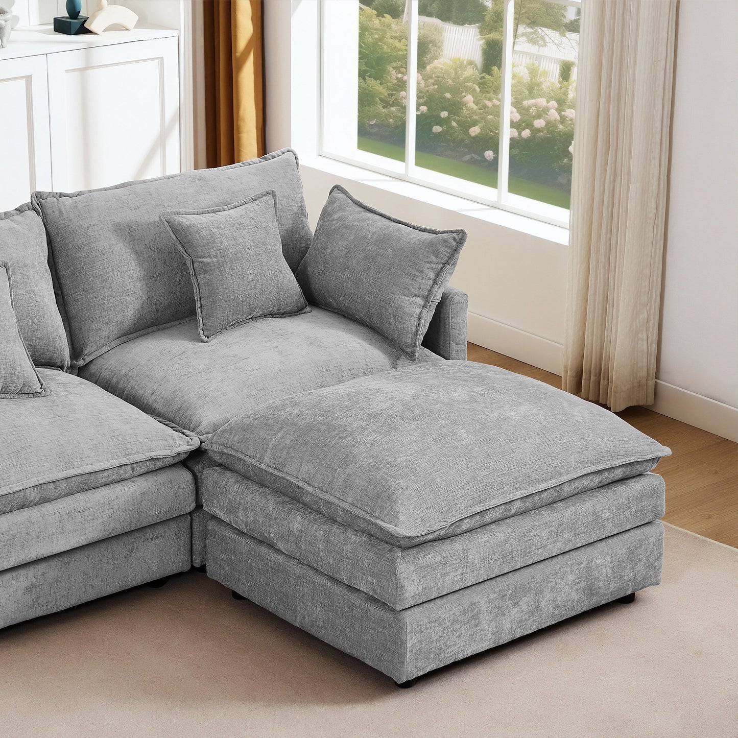 Modern Chenille 3-Seater Modular L-Shaped Sectional Sofa with Removable Ottoman for Living Room