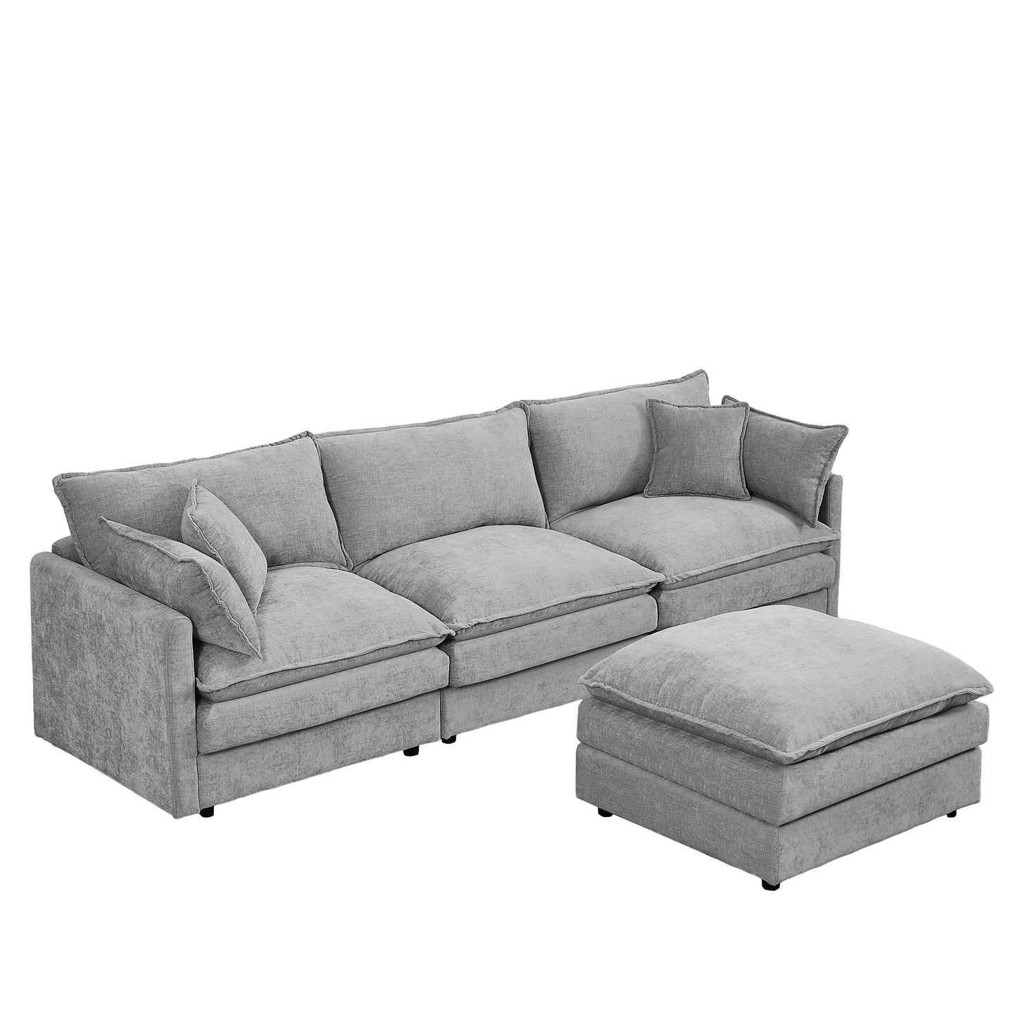 Modern Chenille 3-Seater Modular L-Shaped Sectional Sofa with Removable Ottoman for Living Room