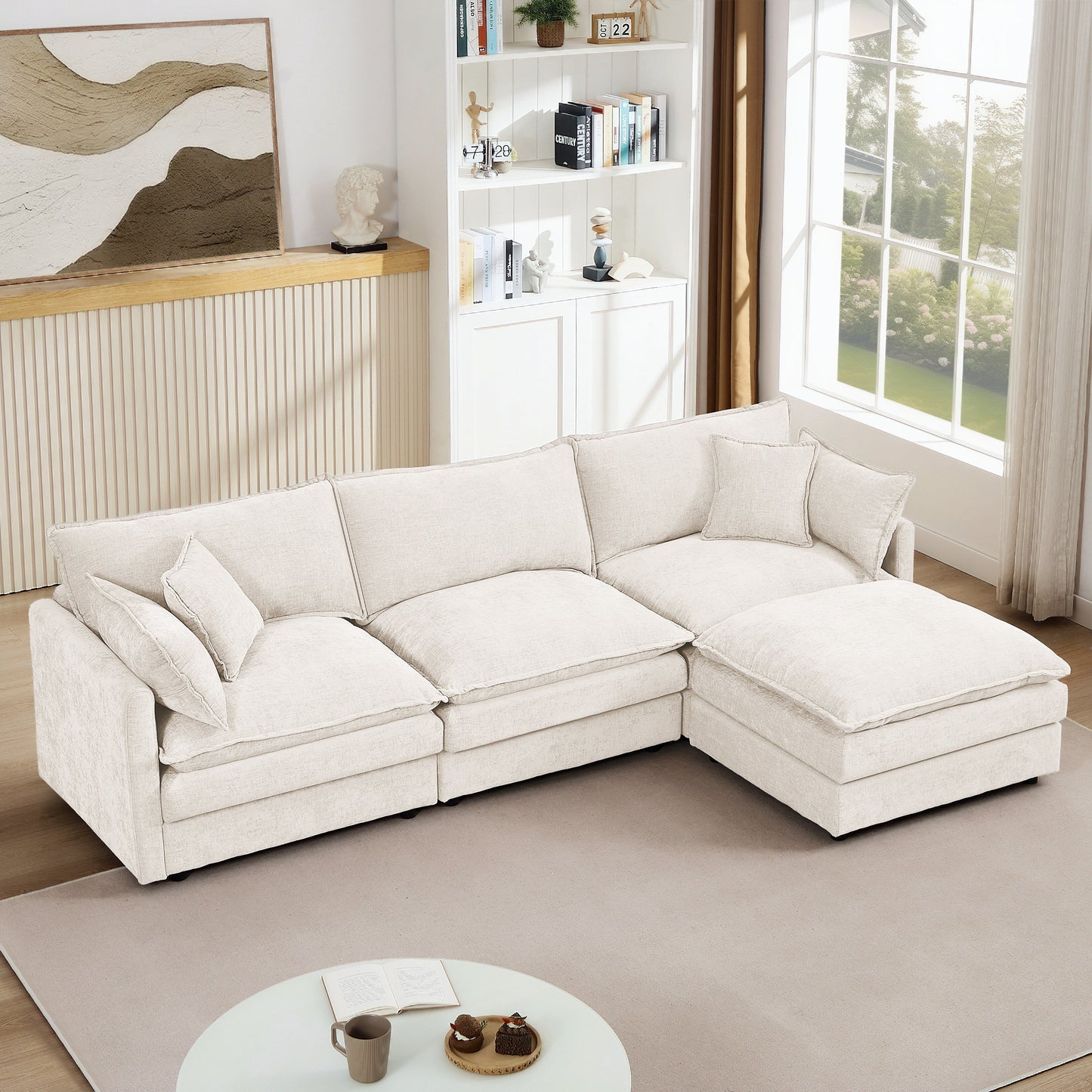 Modern Chenille 3-Seater Modular L-Shaped Sectional Sofa with Removable Ottoman for Living Room