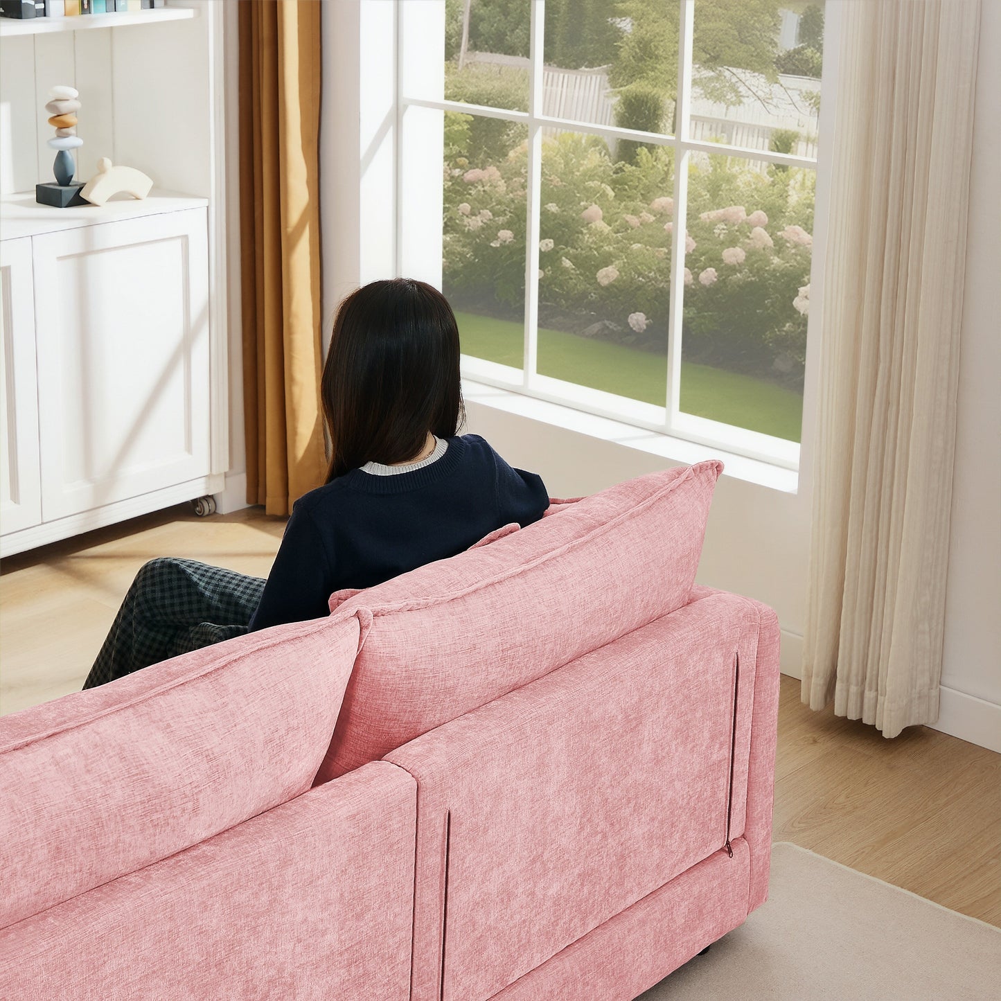 Modern Chenille 3-Seater Modular L-Shaped Sectional Sofa with Removable Ottoman for Living Room