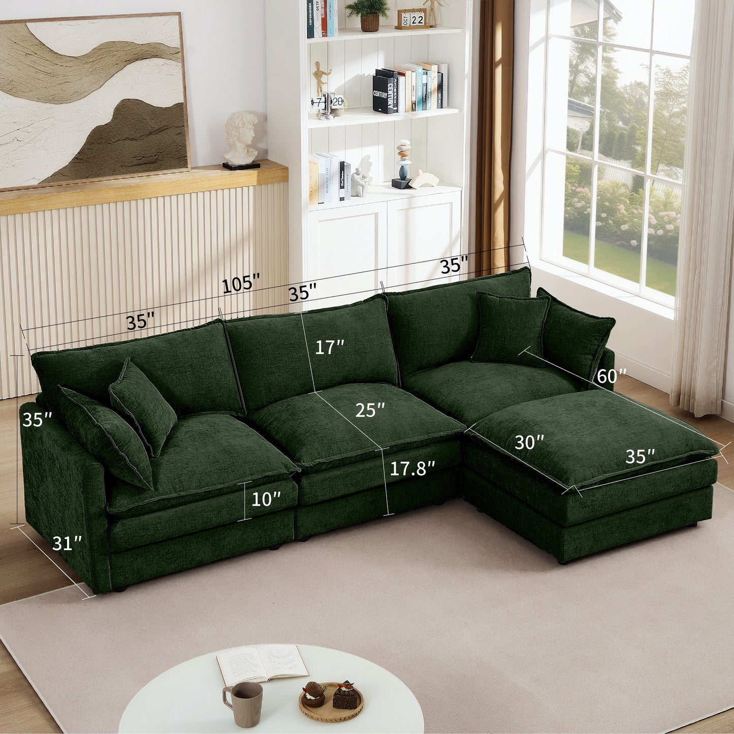 Modern Chenille 3-Seater Modular L-Shaped Sectional Sofa with Removable Ottoman for Living Room