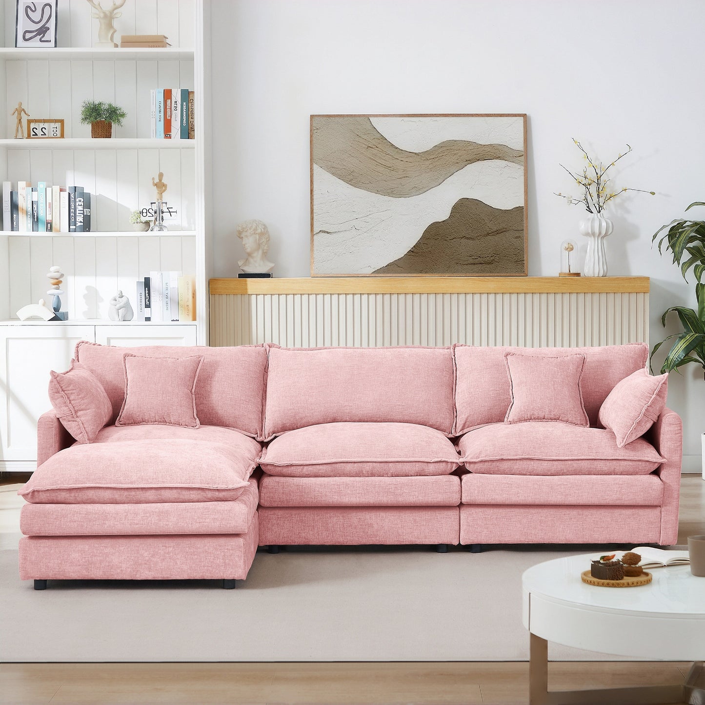 Modern Chenille 3-Seater Modular L-Shaped Sectional Sofa with Removable Ottoman for Living Room