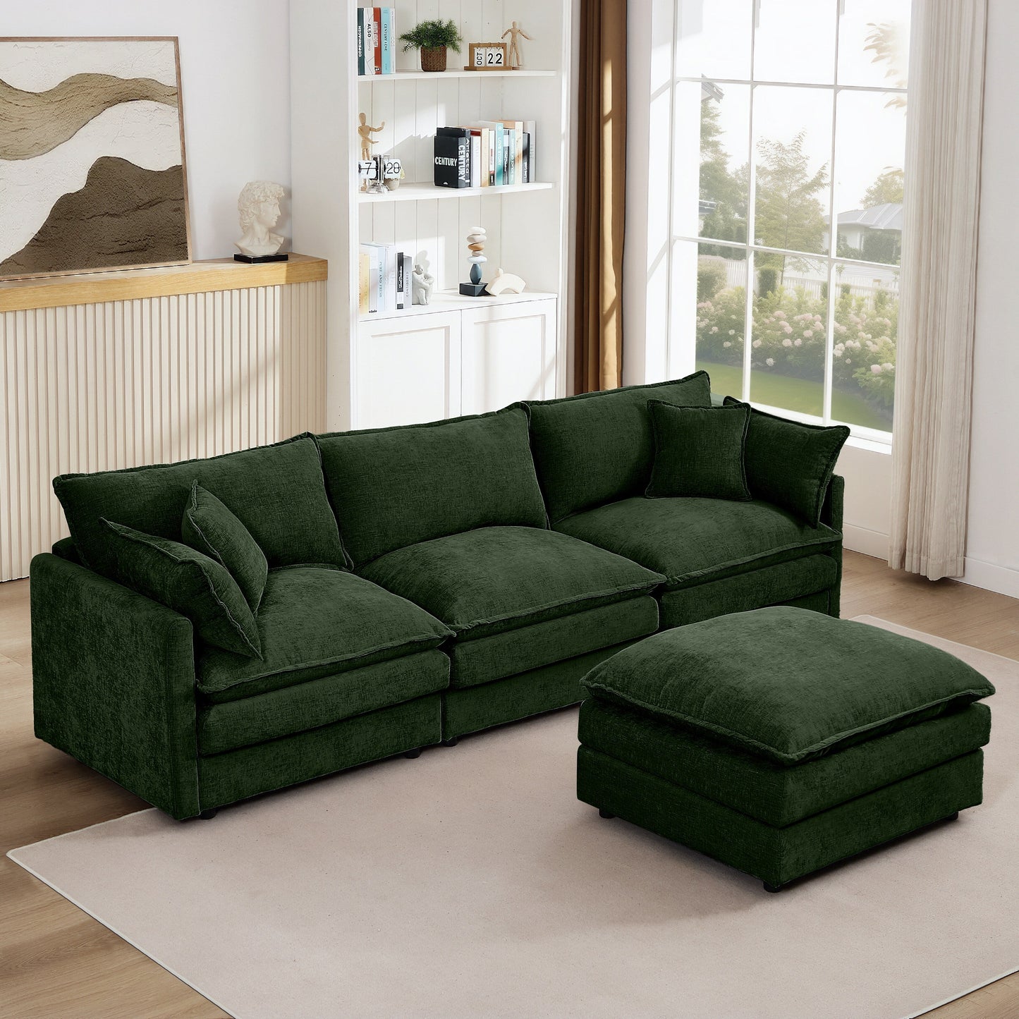 Modern Chenille 3-Seater Modular L-Shaped Sectional Sofa with Removable Ottoman for Living Room