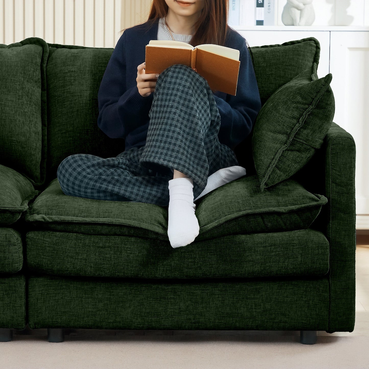 Modern Chenille 3-Seater Modular L-Shaped Sectional Sofa with Removable Ottoman for Living Room