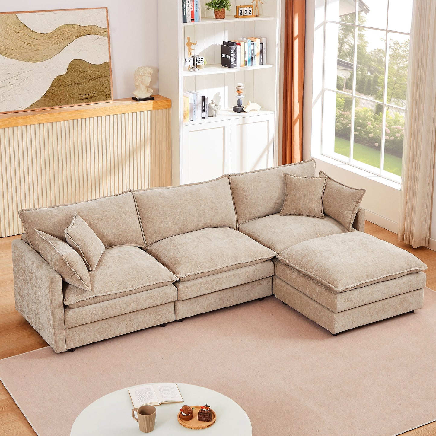 Modern Chenille 3-Seater Modular L-Shaped Sectional Sofa with Removable Ottoman for Living Room