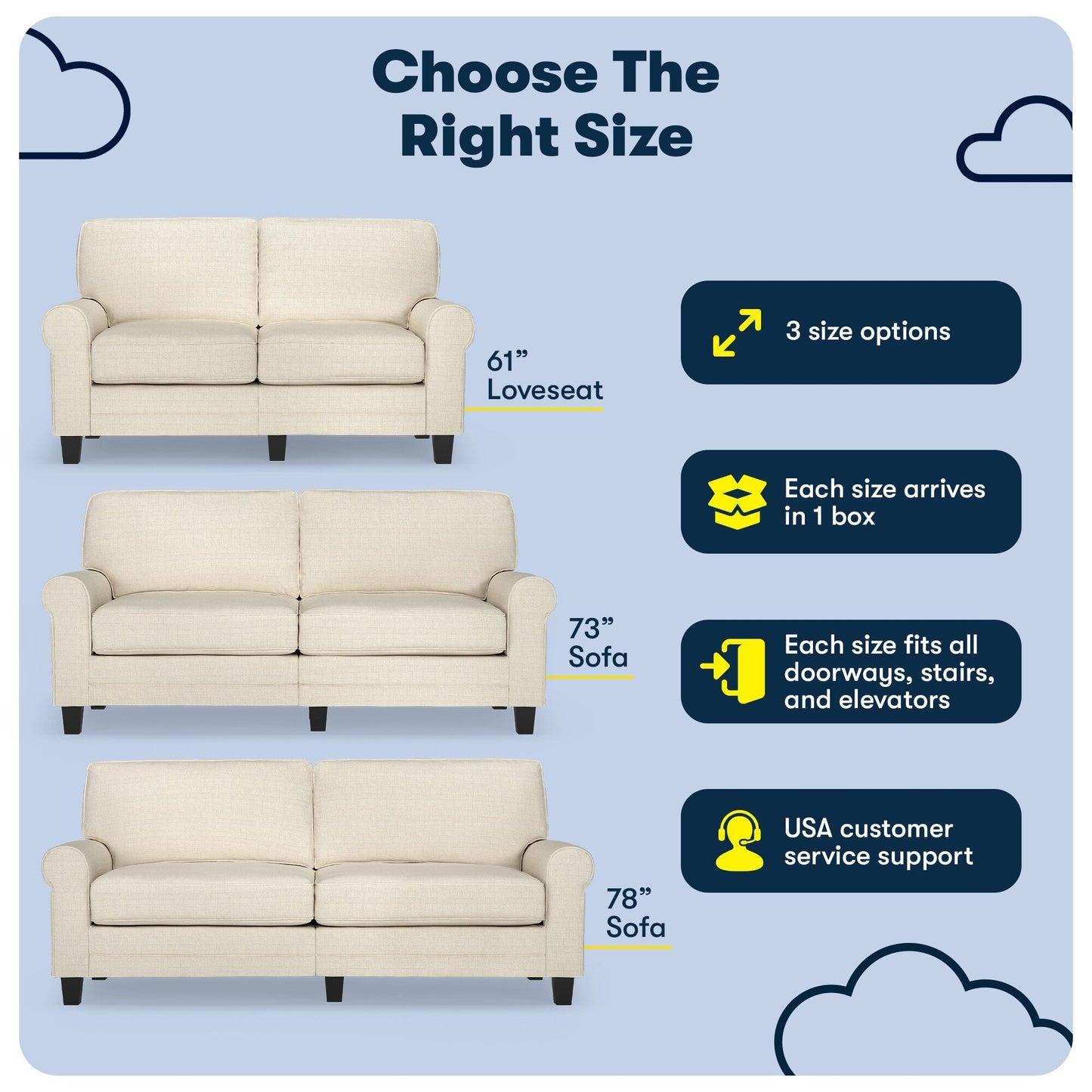 Serta Copenhagen 73 Rolled Arm Sofa, Easy Care Polyester, Soft Pillow Back, Pocket Coil Seat Cushions