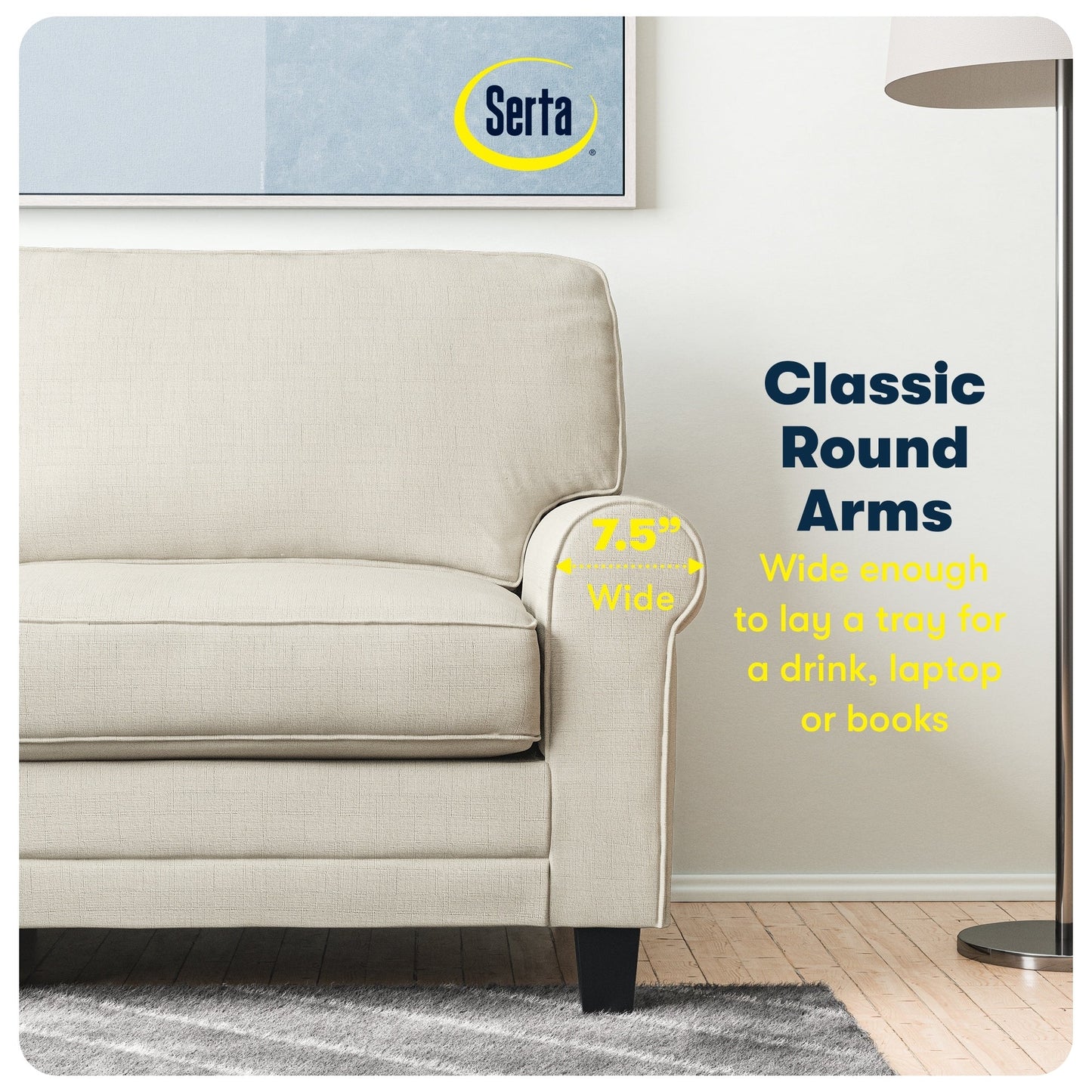 Serta Copenhagen 73 Rolled Arm Sofa, Easy Care Polyester, Soft Pillow Back, Pocket Coil Seat Cushions