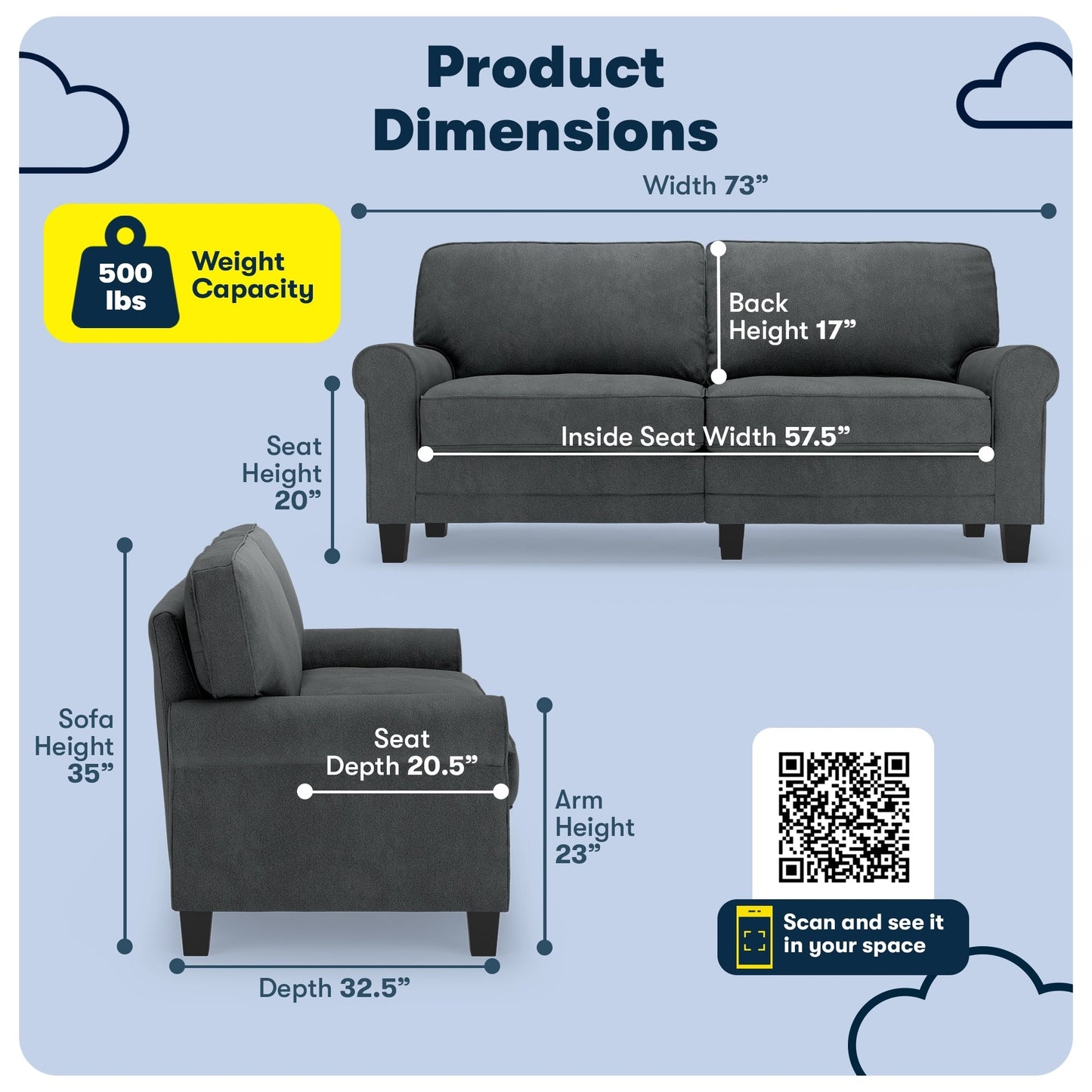 Serta Copenhagen 73 Rolled Arm Sofa, Easy Care Polyester, Soft Pillow Back, Pocket Coil Seat Cushions