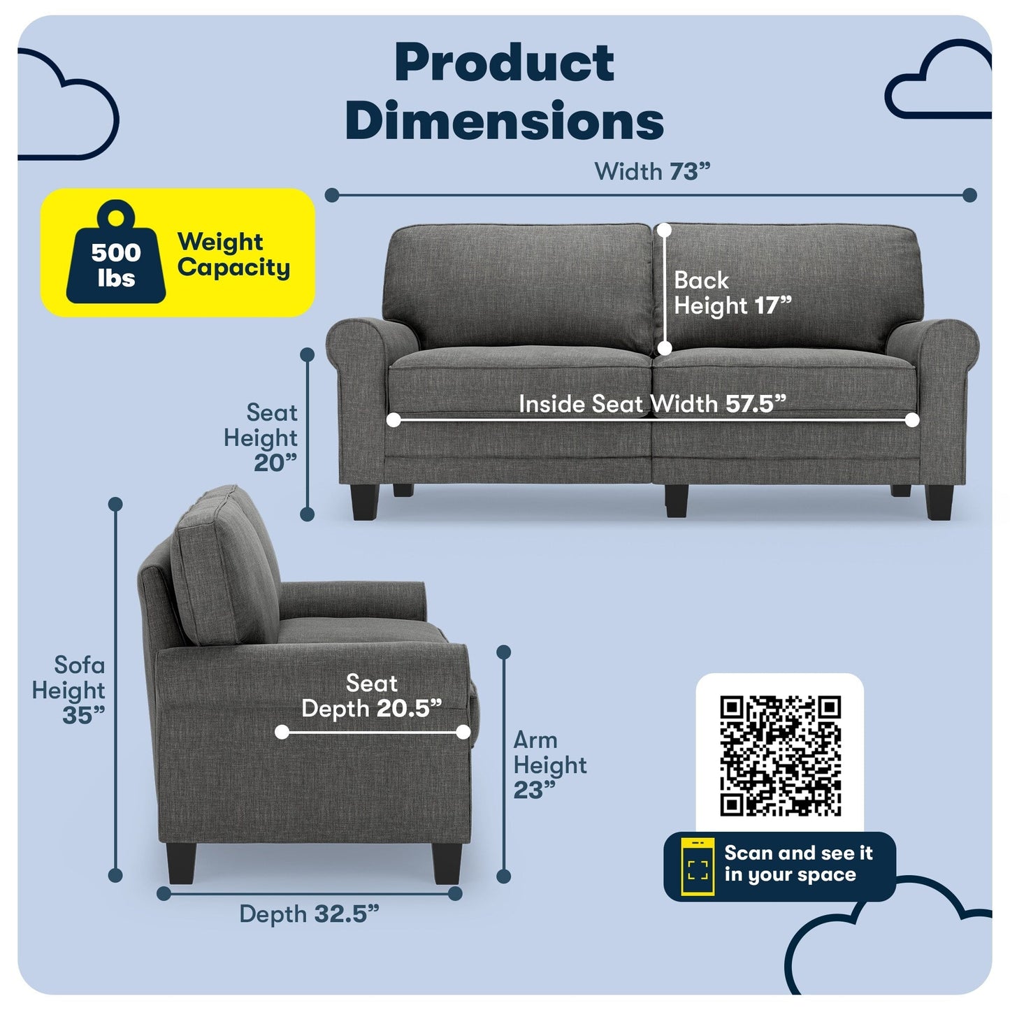 Serta Copenhagen 73 Rolled Arm Sofa, Easy Care Polyester, Soft Pillow Back, Pocket Coil Seat Cushions