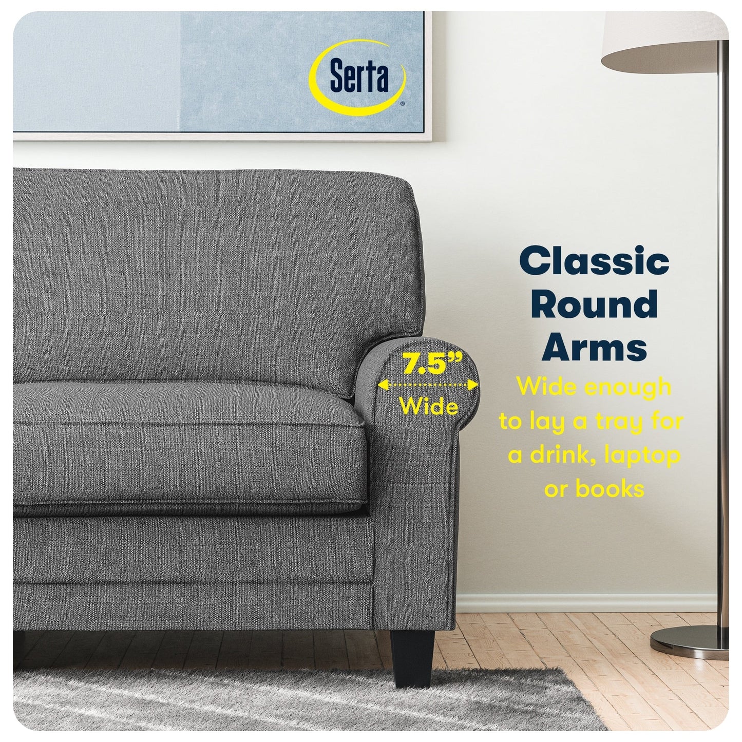 Serta Copenhagen 73 Rolled Arm Sofa, Easy Care Polyester, Soft Pillow Back, Pocket Coil Seat Cushions