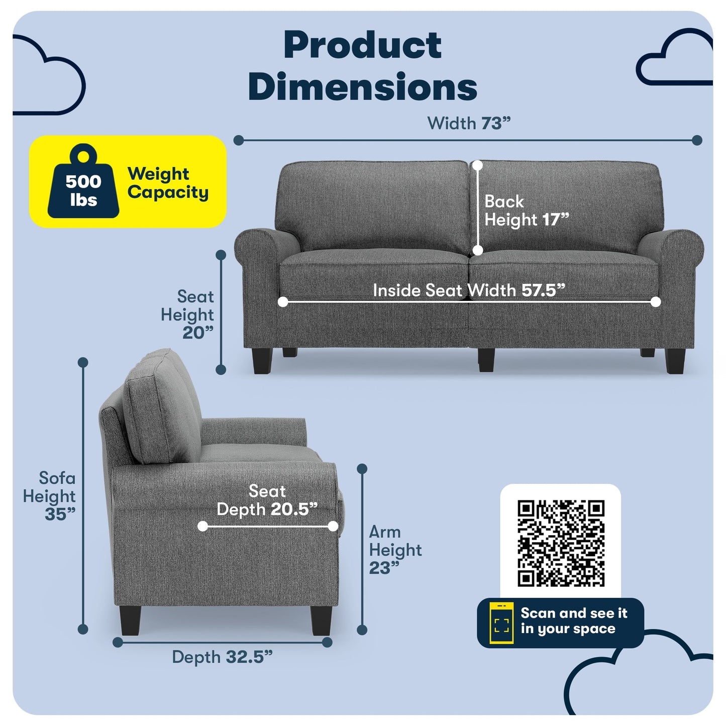 Serta Copenhagen 73 Rolled Arm Sofa, Easy Care Polyester, Soft Pillow Back, Pocket Coil Seat Cushions