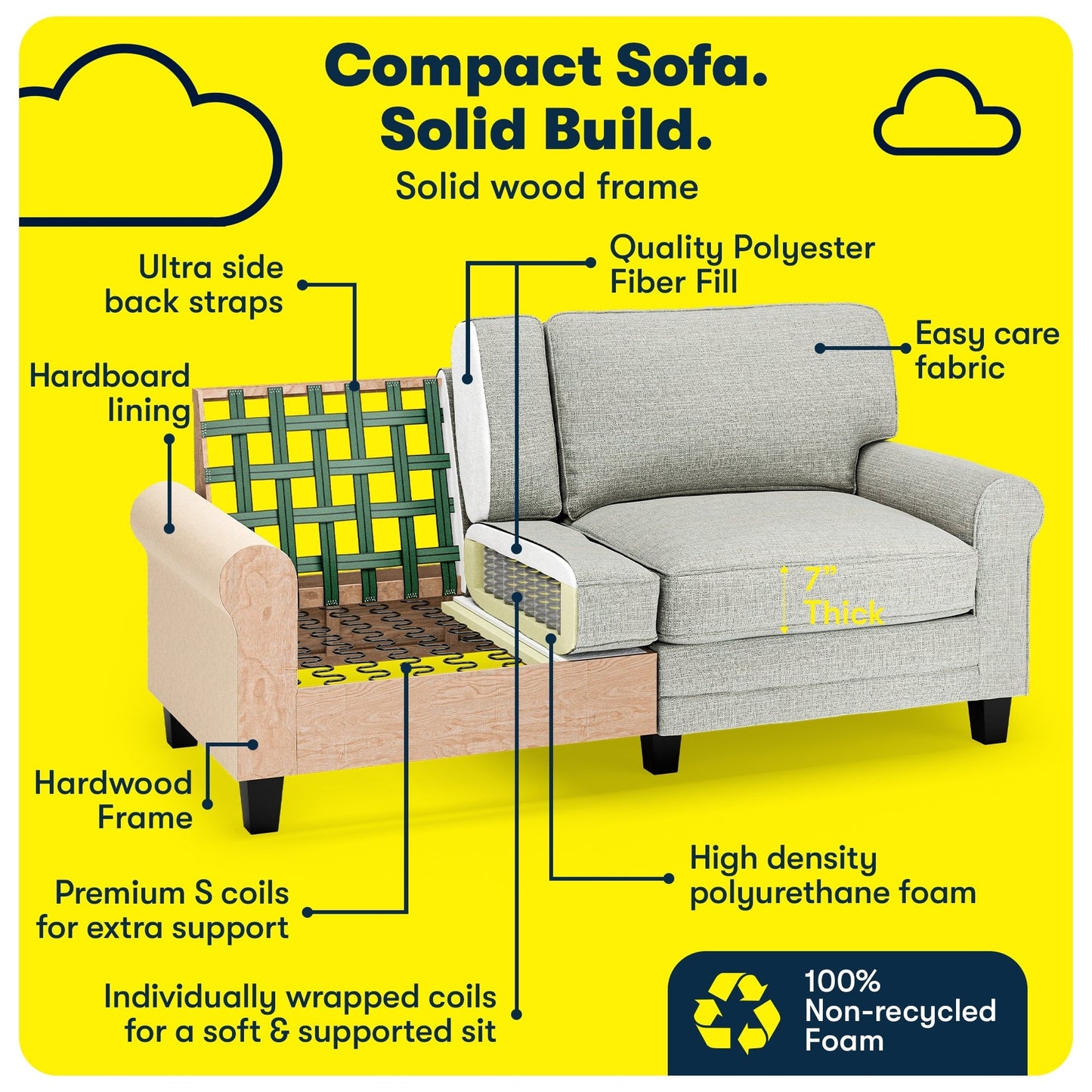 Serta Copenhagen 73 Rolled Arm Sofa, Easy Care Polyester, Soft Pillow Back, Pocket Coil Seat Cushions