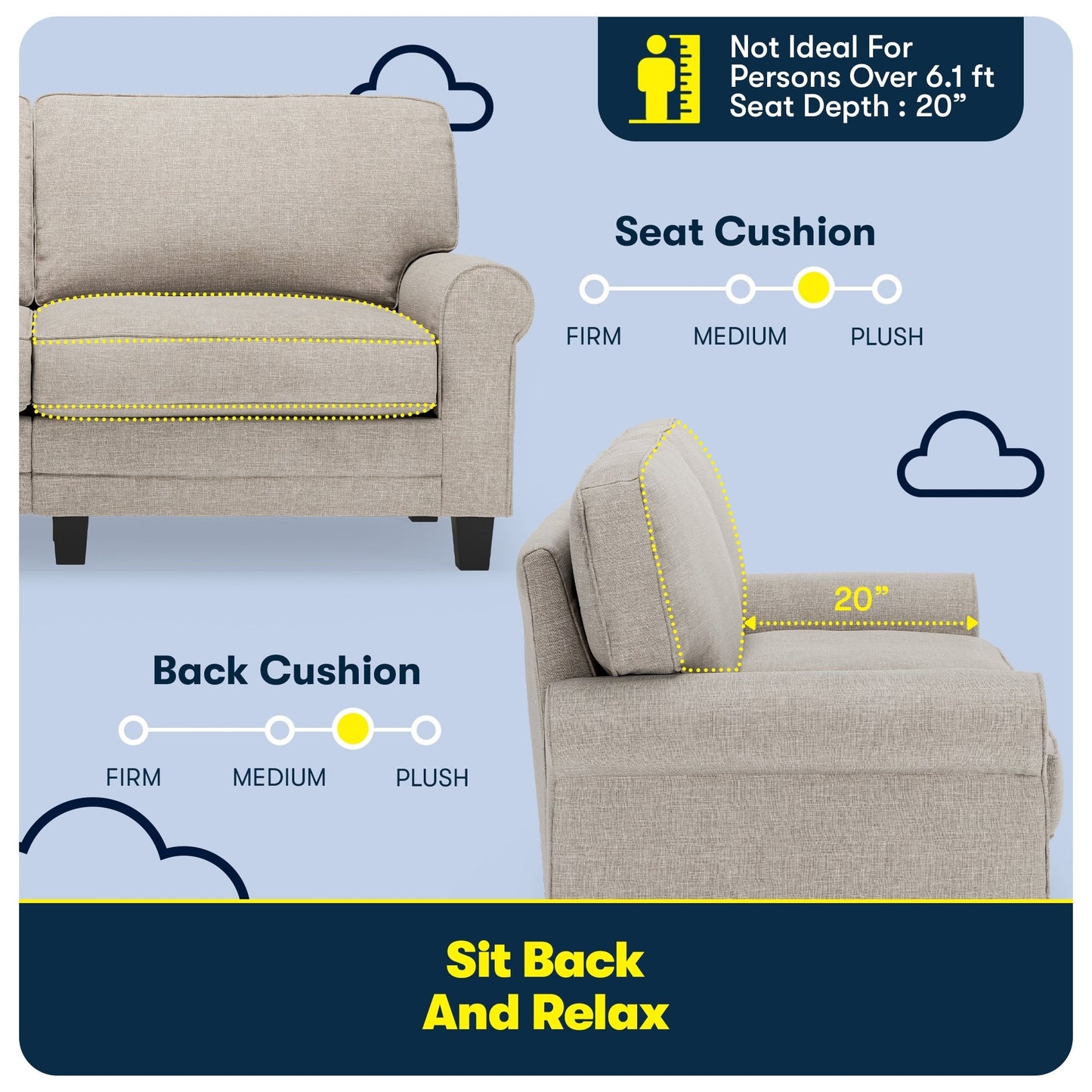 Serta Copenhagen 73 Rolled Arm Sofa, Easy Care Polyester, Soft Pillow Back, Pocket Coil Seat Cushions