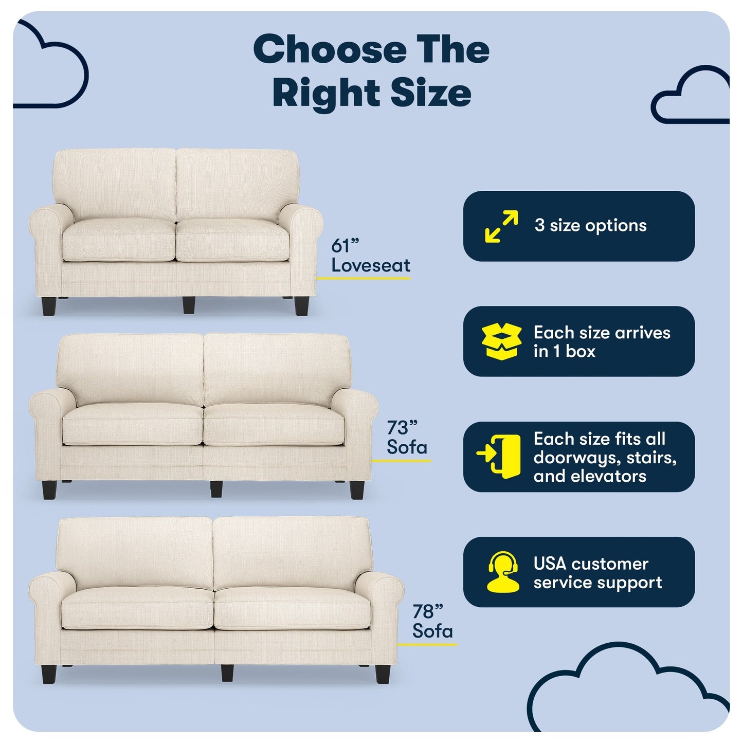 Serta Copenhagen 73 Rolled Arm Sofa, Easy Care Polyester, Soft Pillow Back, Pocket Coil Seat Cushions