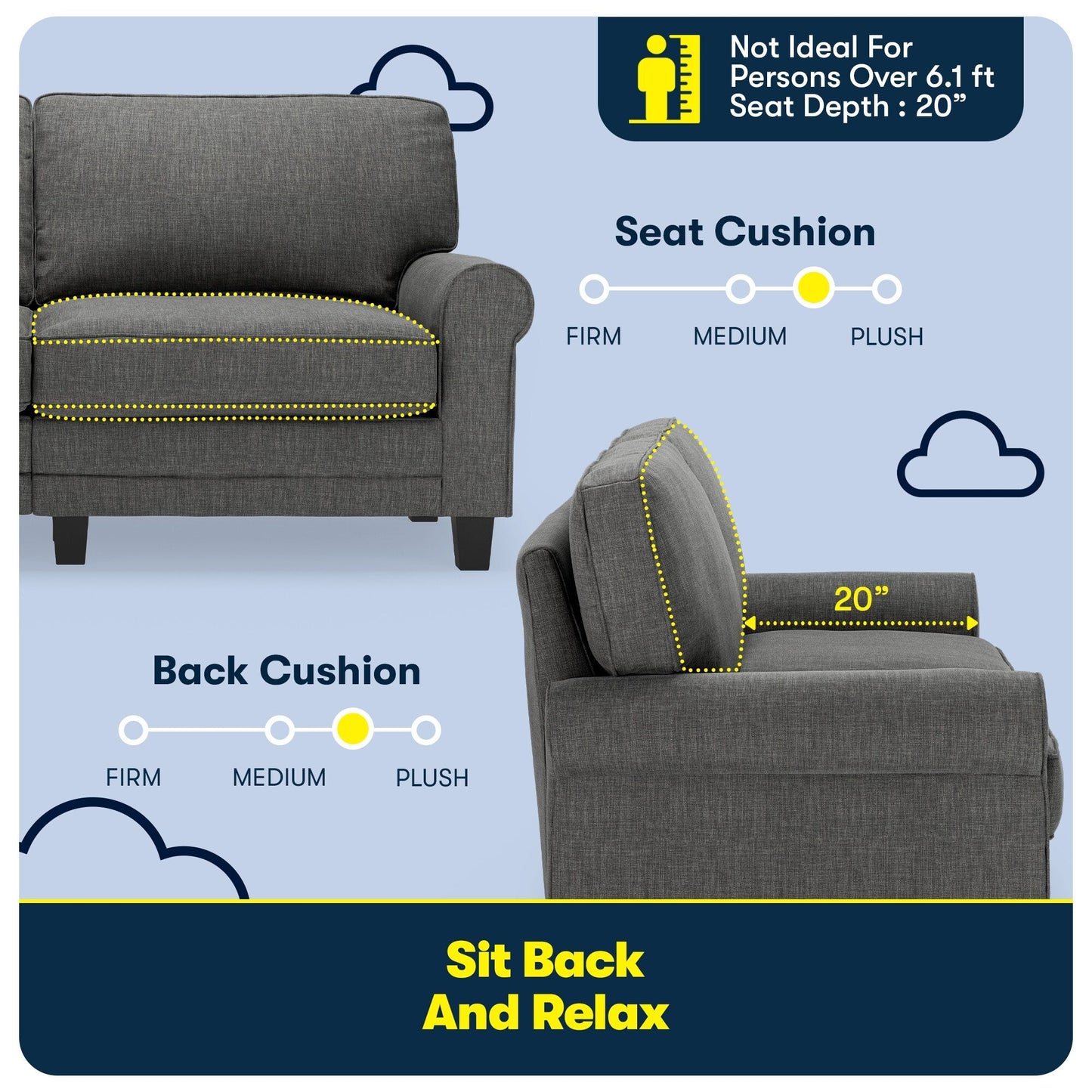 Serta Copenhagen 73 Rolled Arm Sofa, Easy Care Polyester, Soft Pillow Back, Pocket Coil Seat Cushions