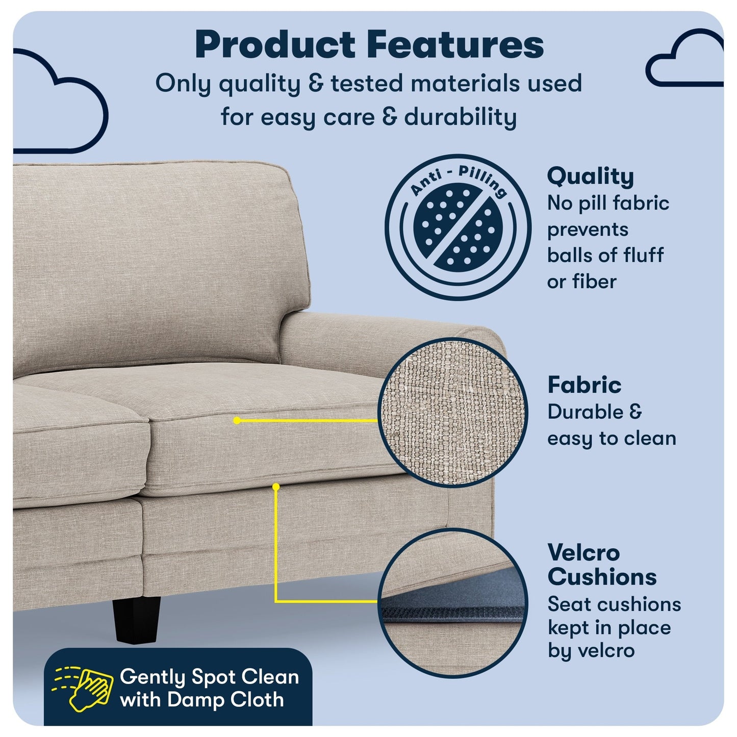Serta Copenhagen 73 Rolled Arm Sofa, Easy Care Polyester, Soft Pillow Back, Pocket Coil Seat Cushions