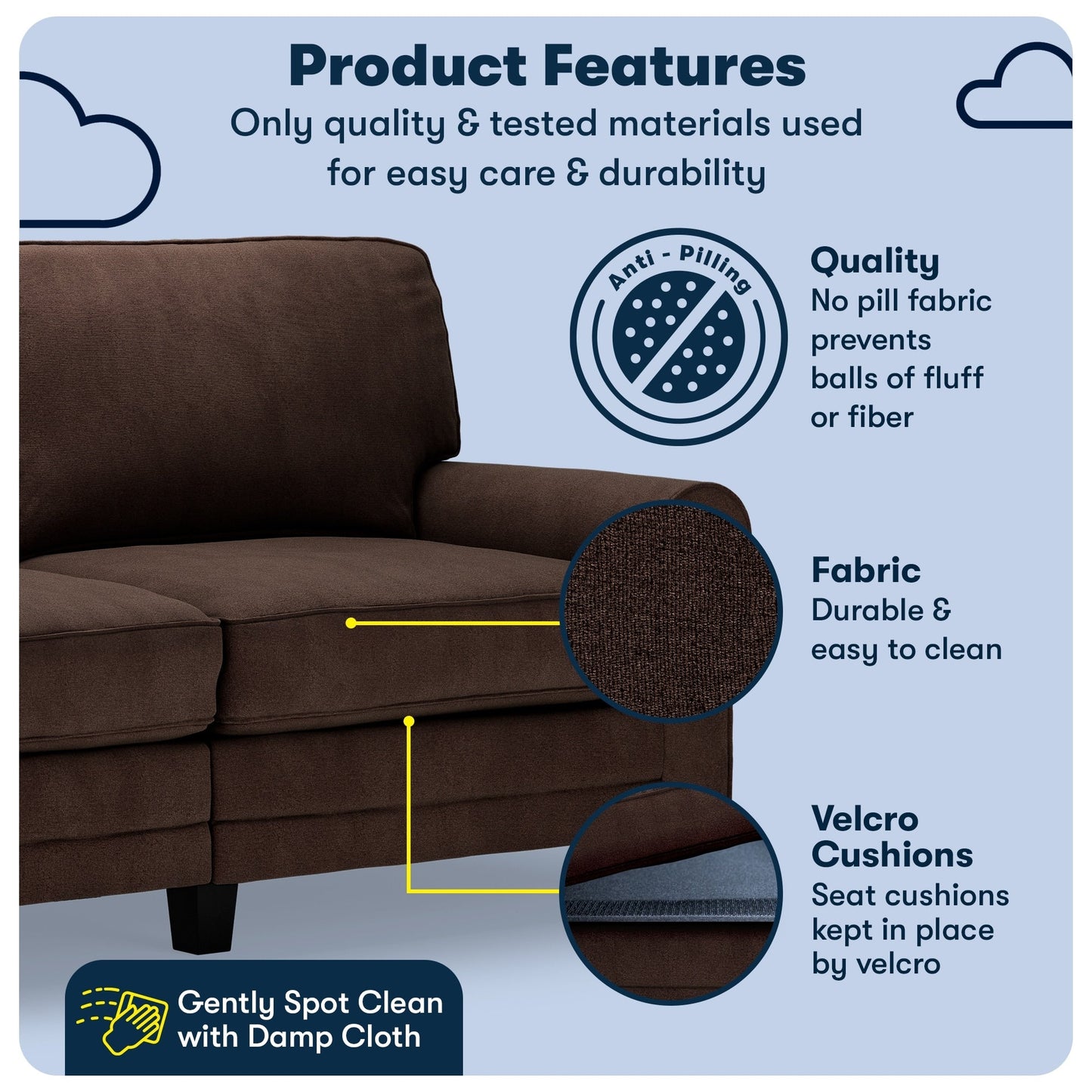 Serta Copenhagen 73 Rolled Arm Sofa, Easy Care Polyester, Soft Pillow Back, Pocket Coil Seat Cushions