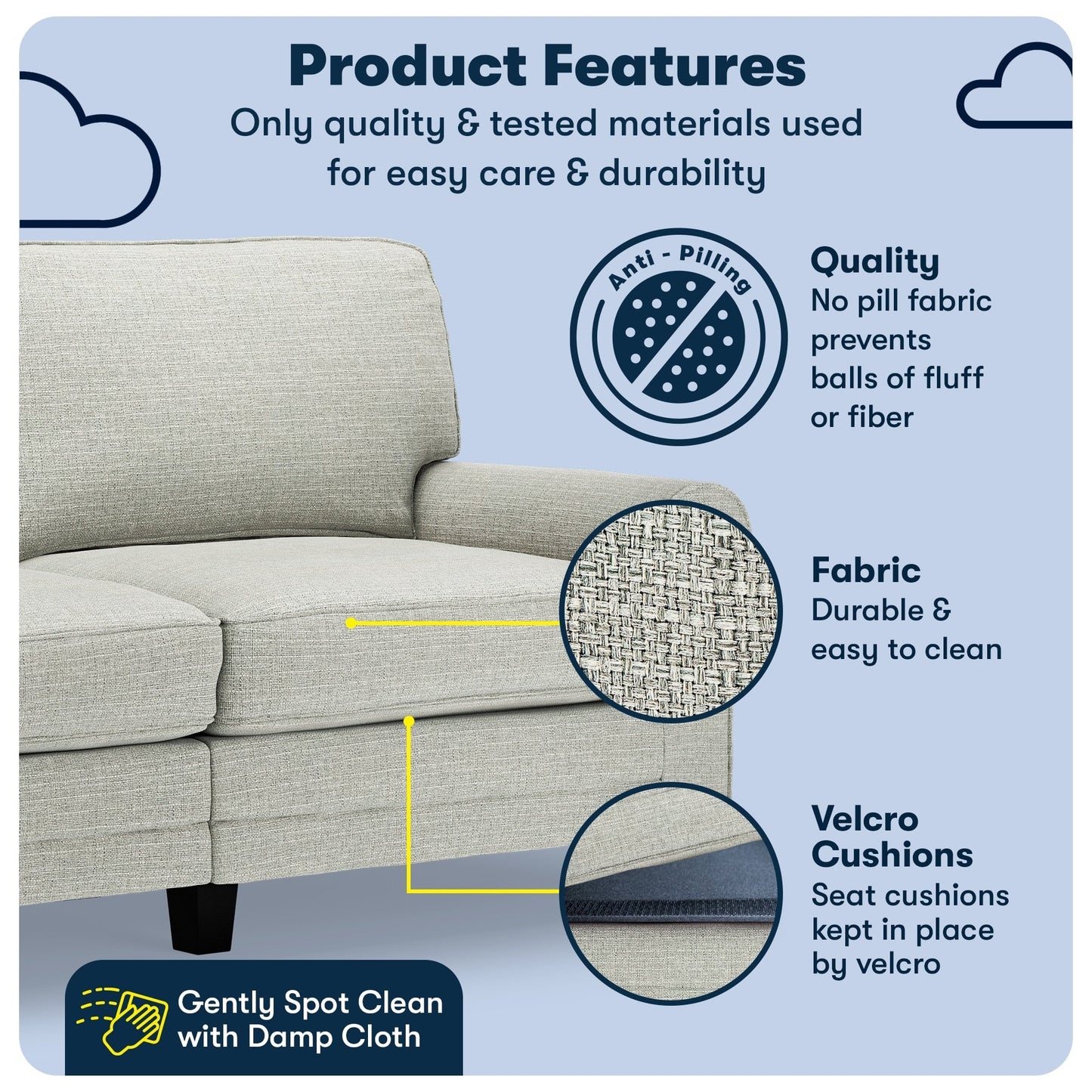 Serta Copenhagen 73 Rolled Arm Sofa, Easy Care Polyester, Soft Pillow Back, Pocket Coil Seat Cushions