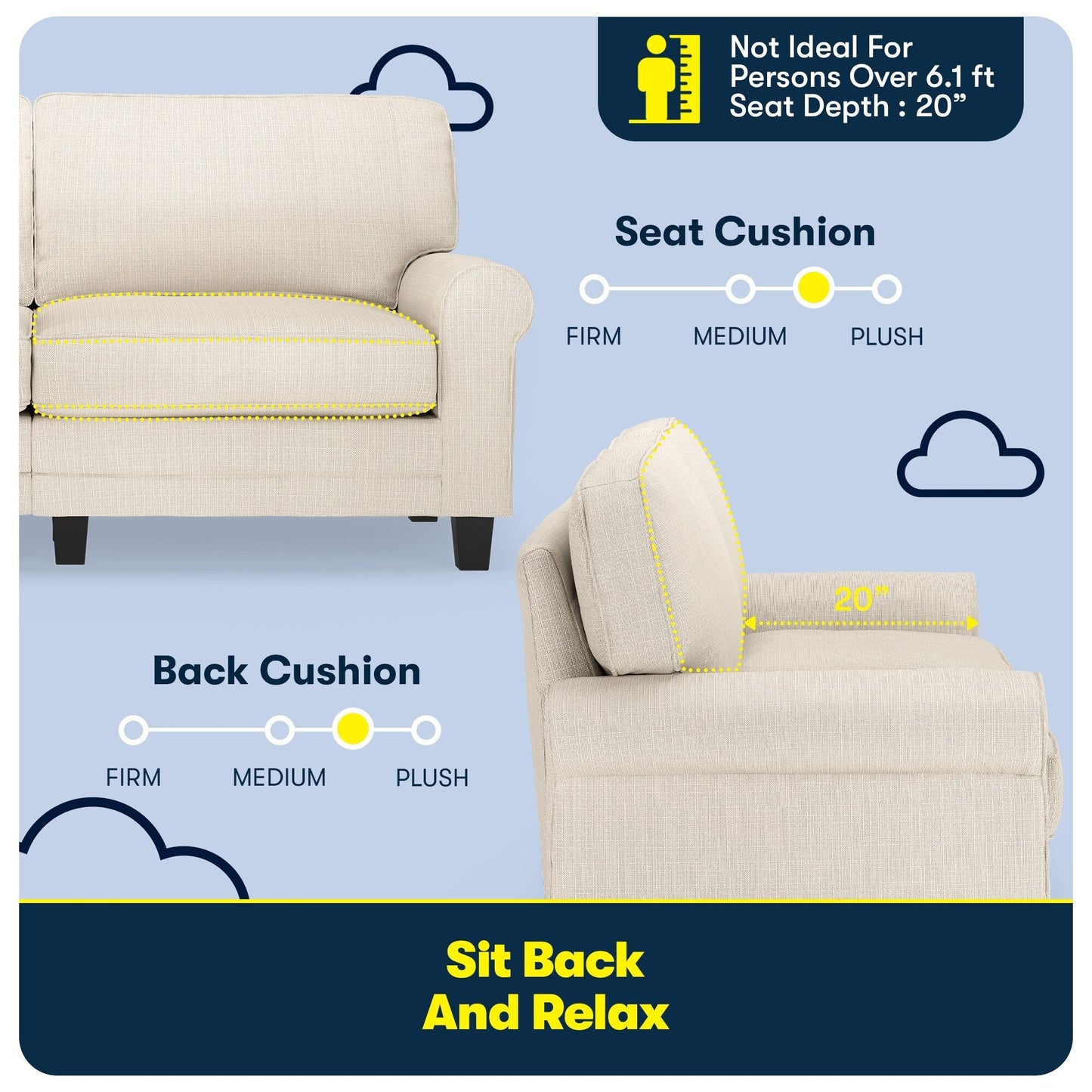 Serta Copenhagen 73 Rolled Arm Sofa, Easy Care Polyester, Soft Pillow Back, Pocket Coil Seat Cushions