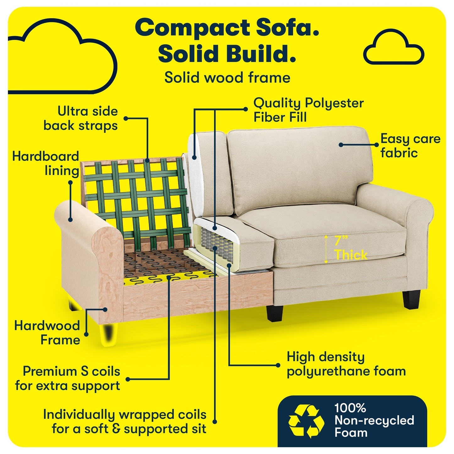 Serta Copenhagen 73 Rolled Arm Sofa, Easy Care Polyester, Soft Pillow Back, Pocket Coil Seat Cushions